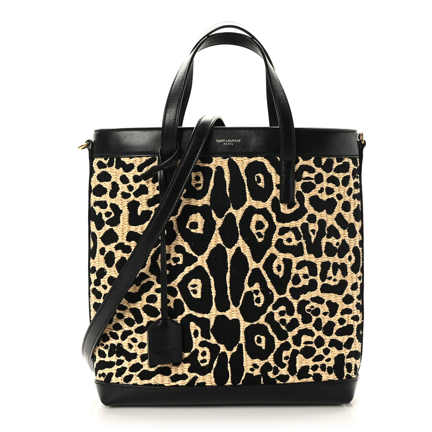Raffia Calfskin Leopard Print Toy Shopping Tote Natural Black