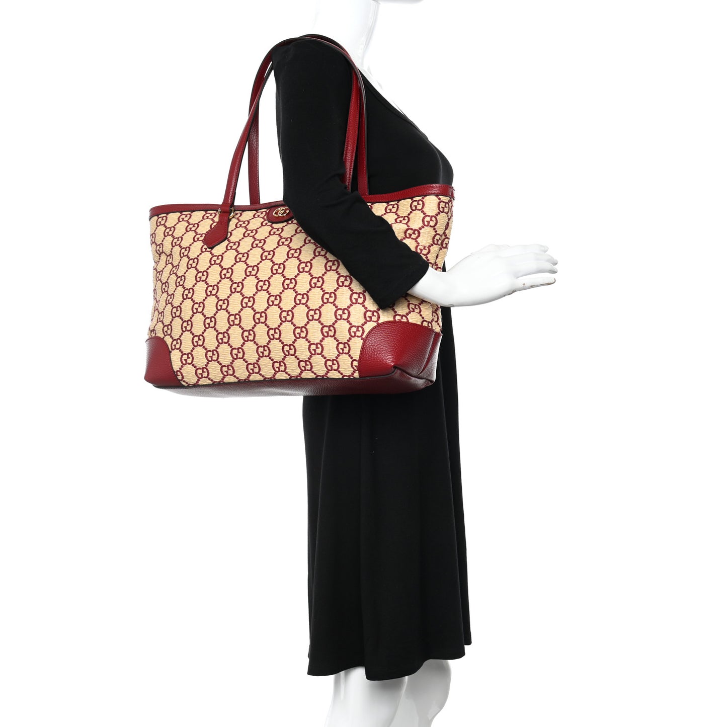 Straw Jacquard Dollar Calfskin GG Monogram Medium Ophidia Shopping Tote Natural New Cherry Red