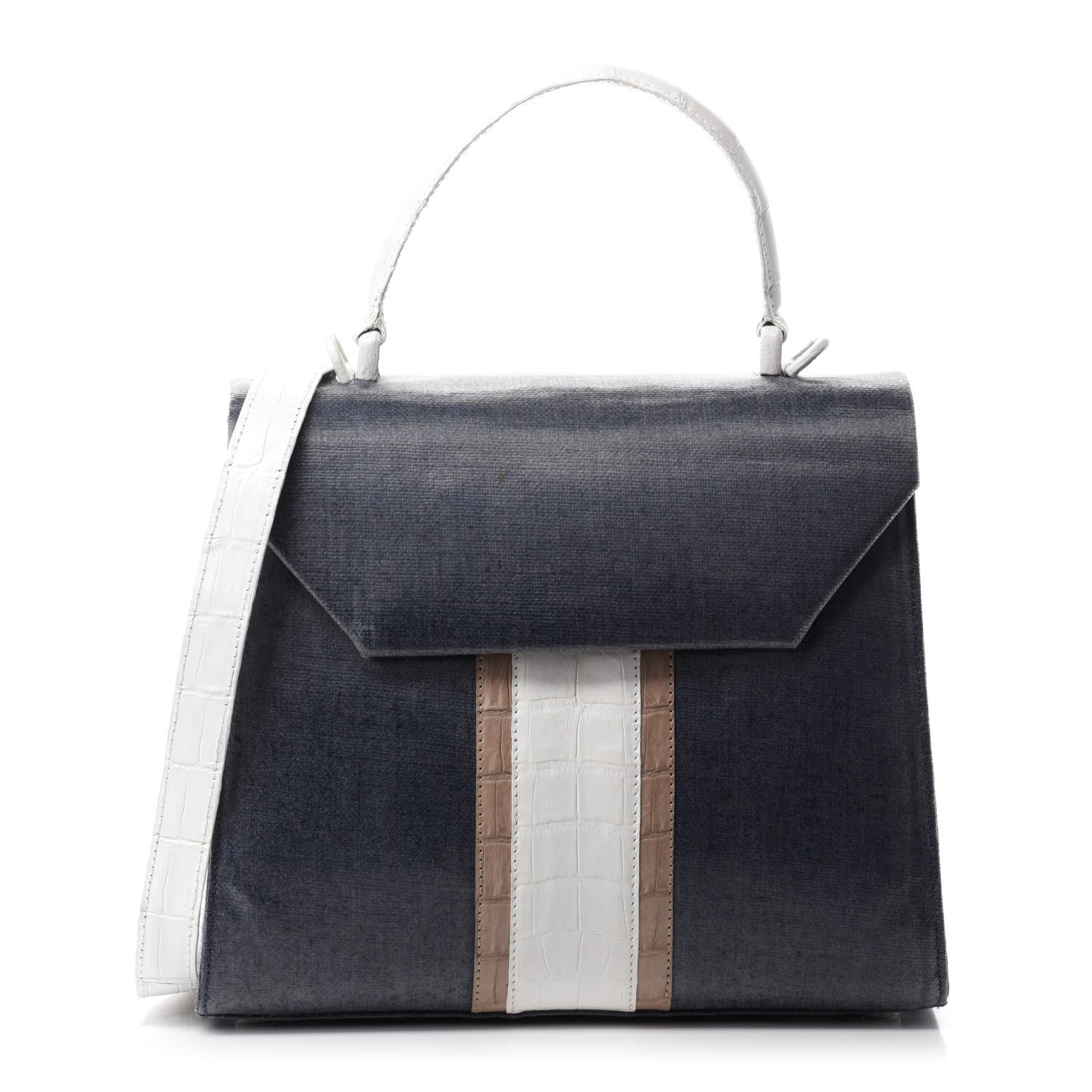 Nancy Gonzalez Crocodile Linen Mini Lily Top Handle Bag Navy 1 of 14