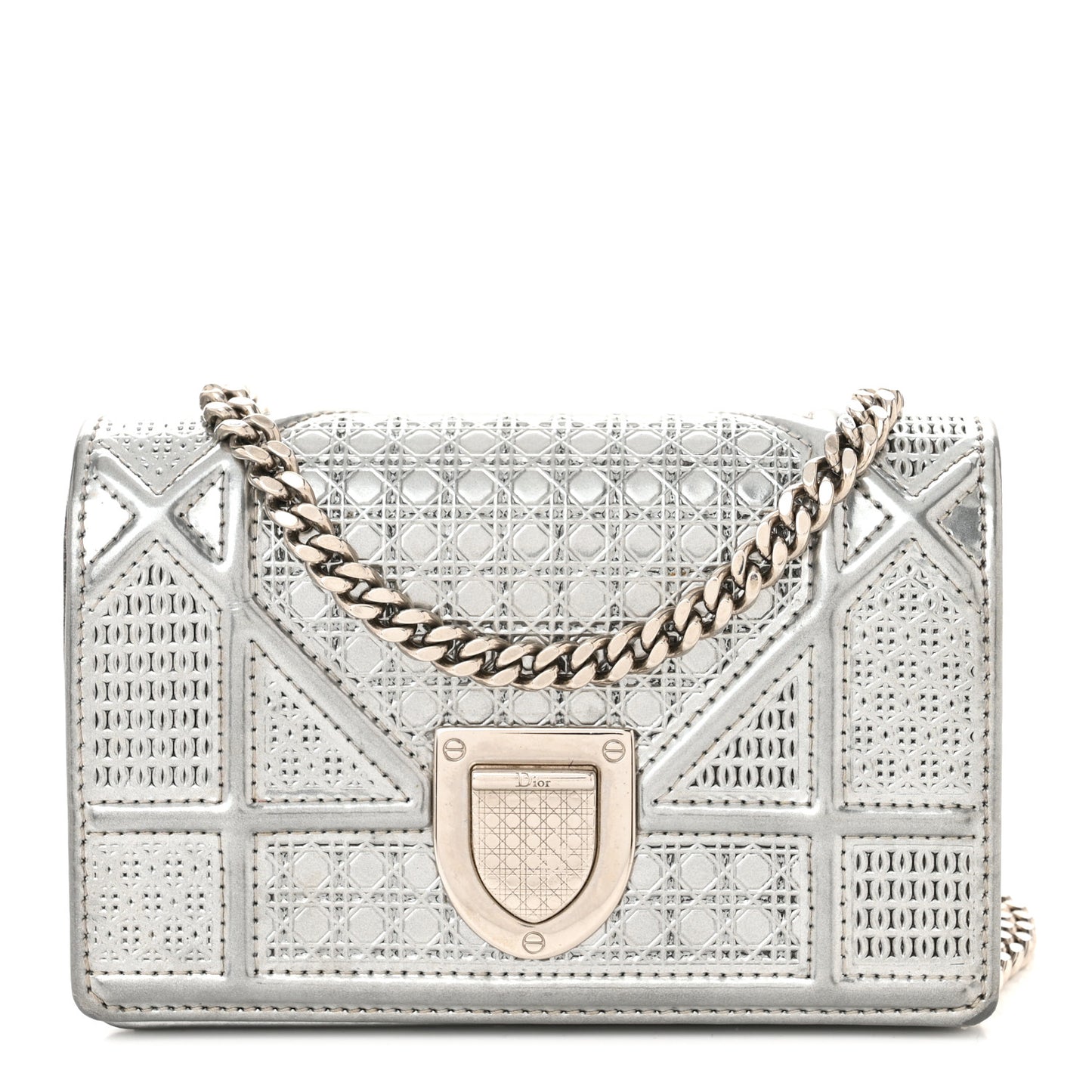 Metallic Patent Micro-Cannage Baby Diorama Flap Bag Silver