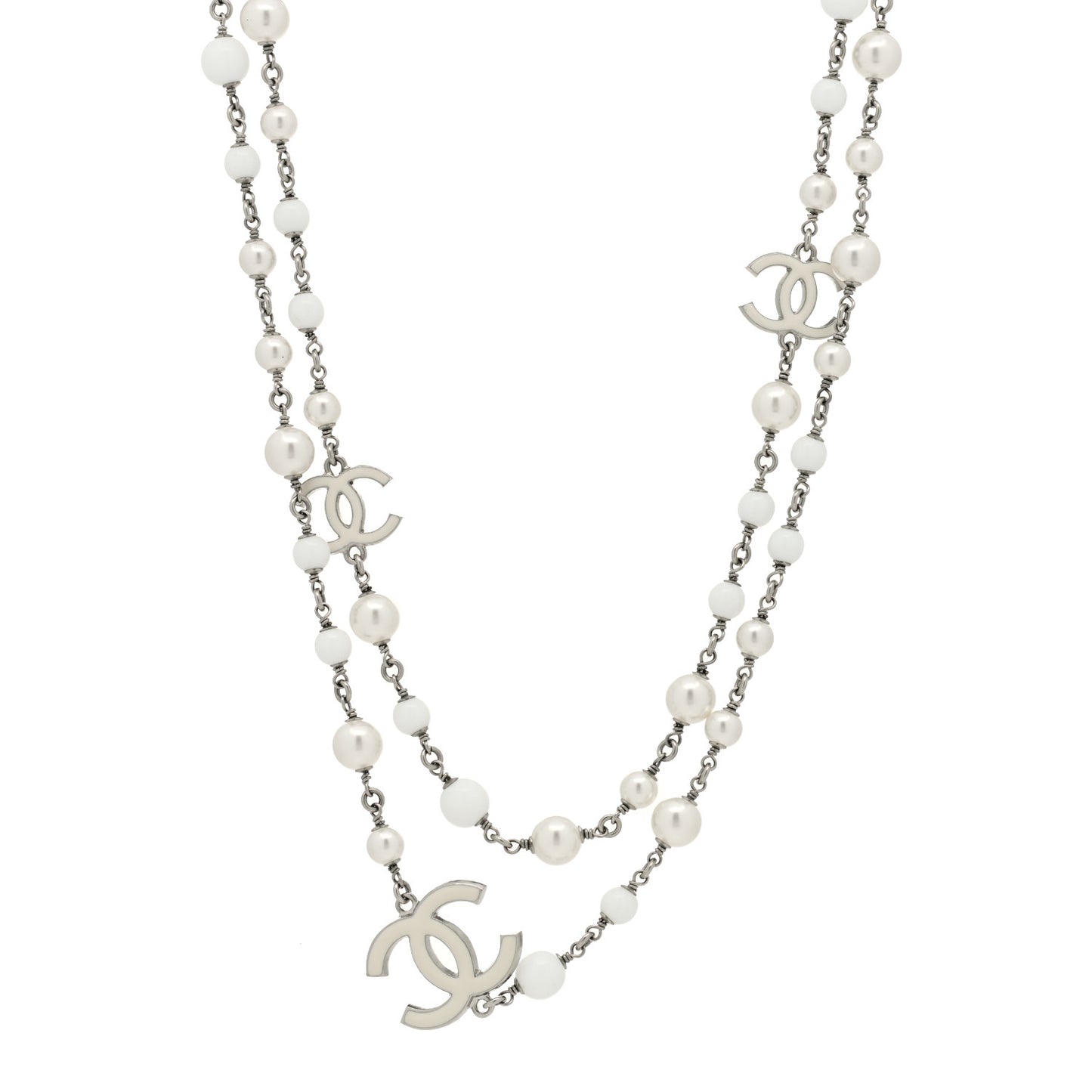 Pearl Beaded Enamel CC Long Necklace White