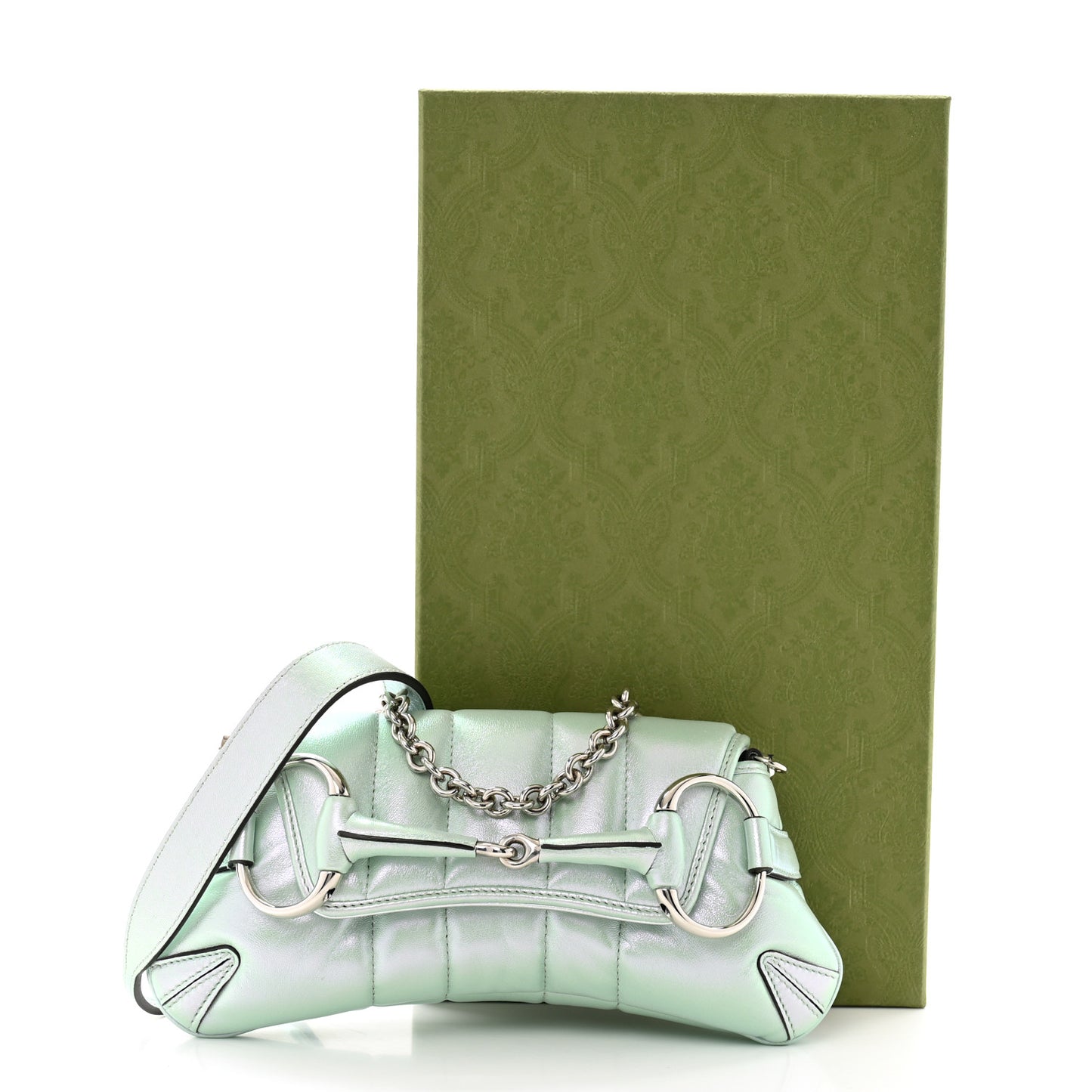 Iridescent Nappa Vertical Matelasse Small Maxi Horsebit Chain Shoulder Bag Iridescent Salvy Green