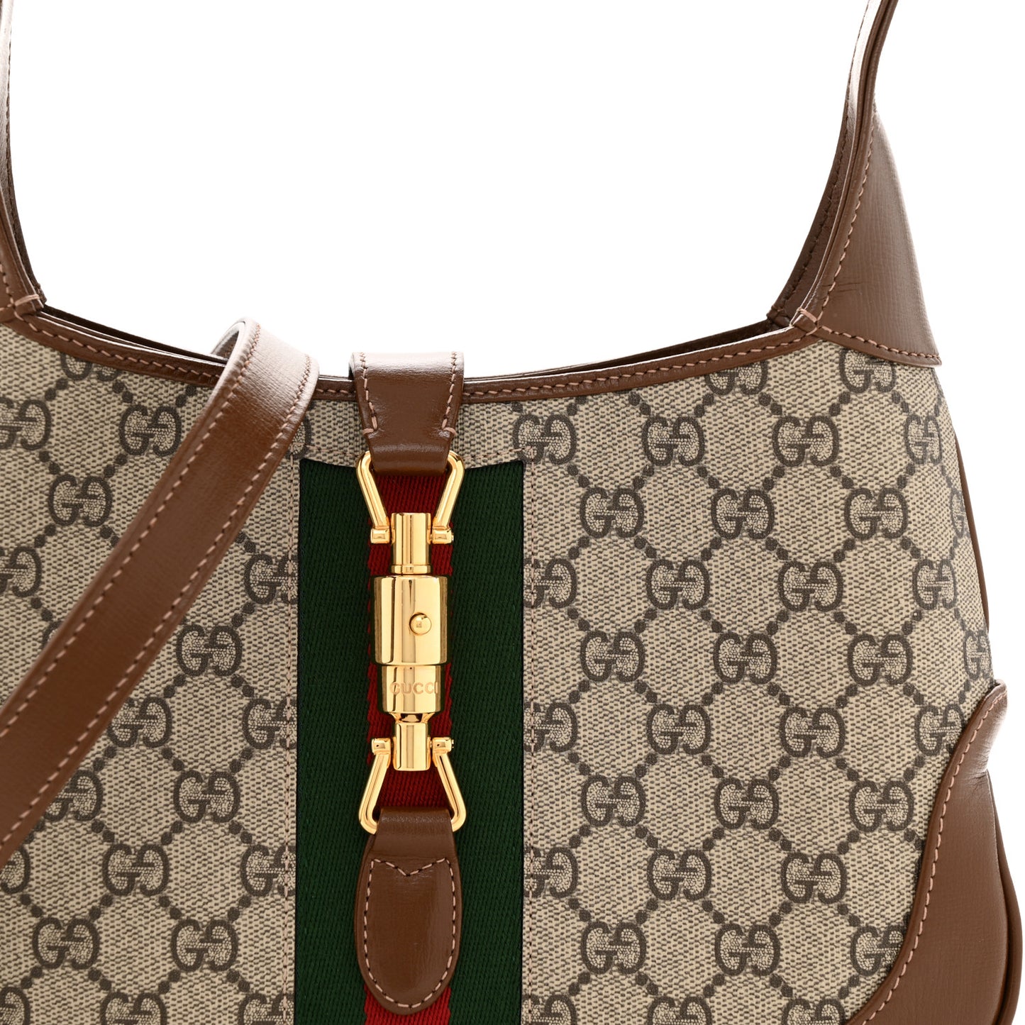 GG Supreme Monogram Azalea Calfskin Web Small Jackie 1961 Hobo Beige Ebony Brown Sugar