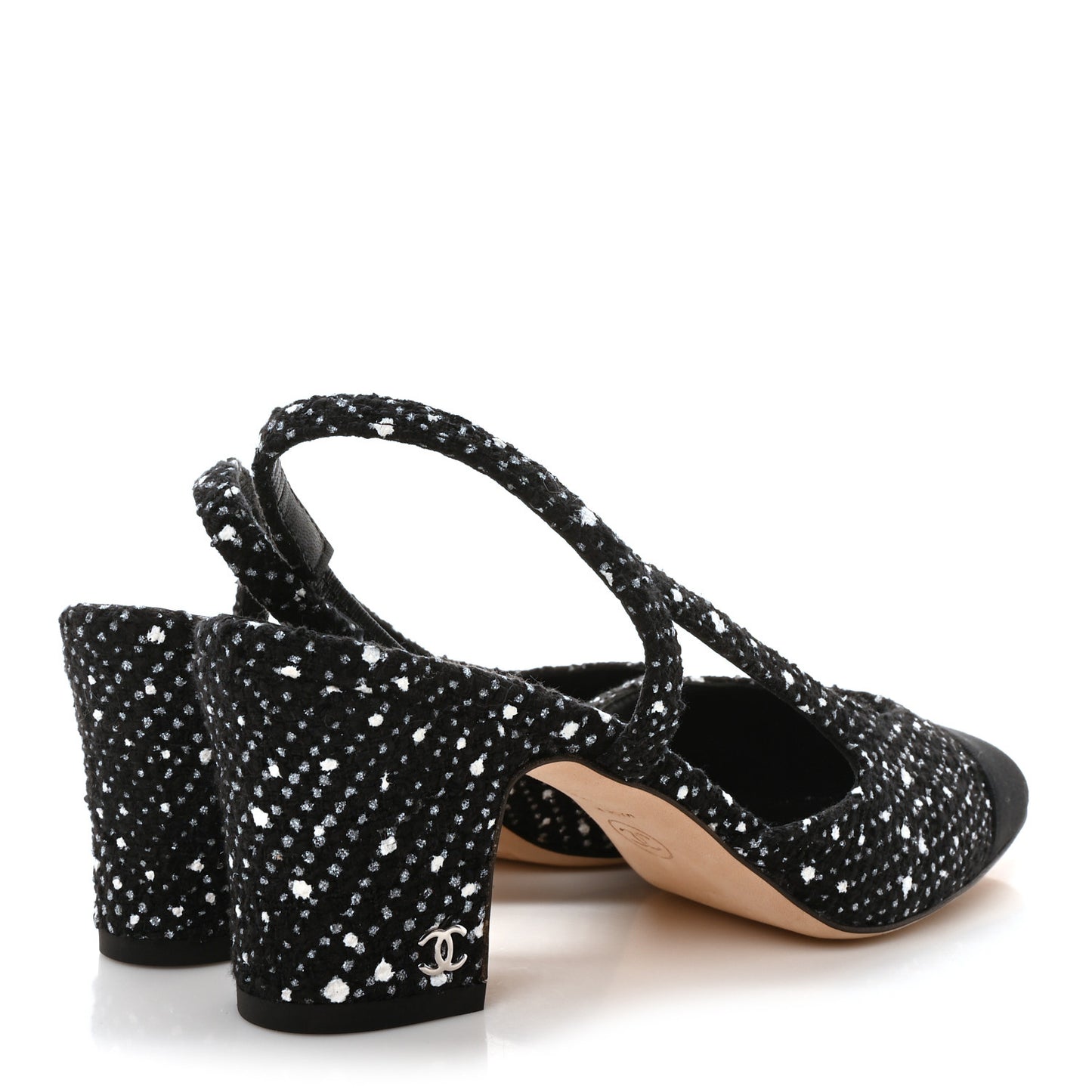 Tweed Grosgrain Cap Toe CC Slingback Pumps 37 Black White