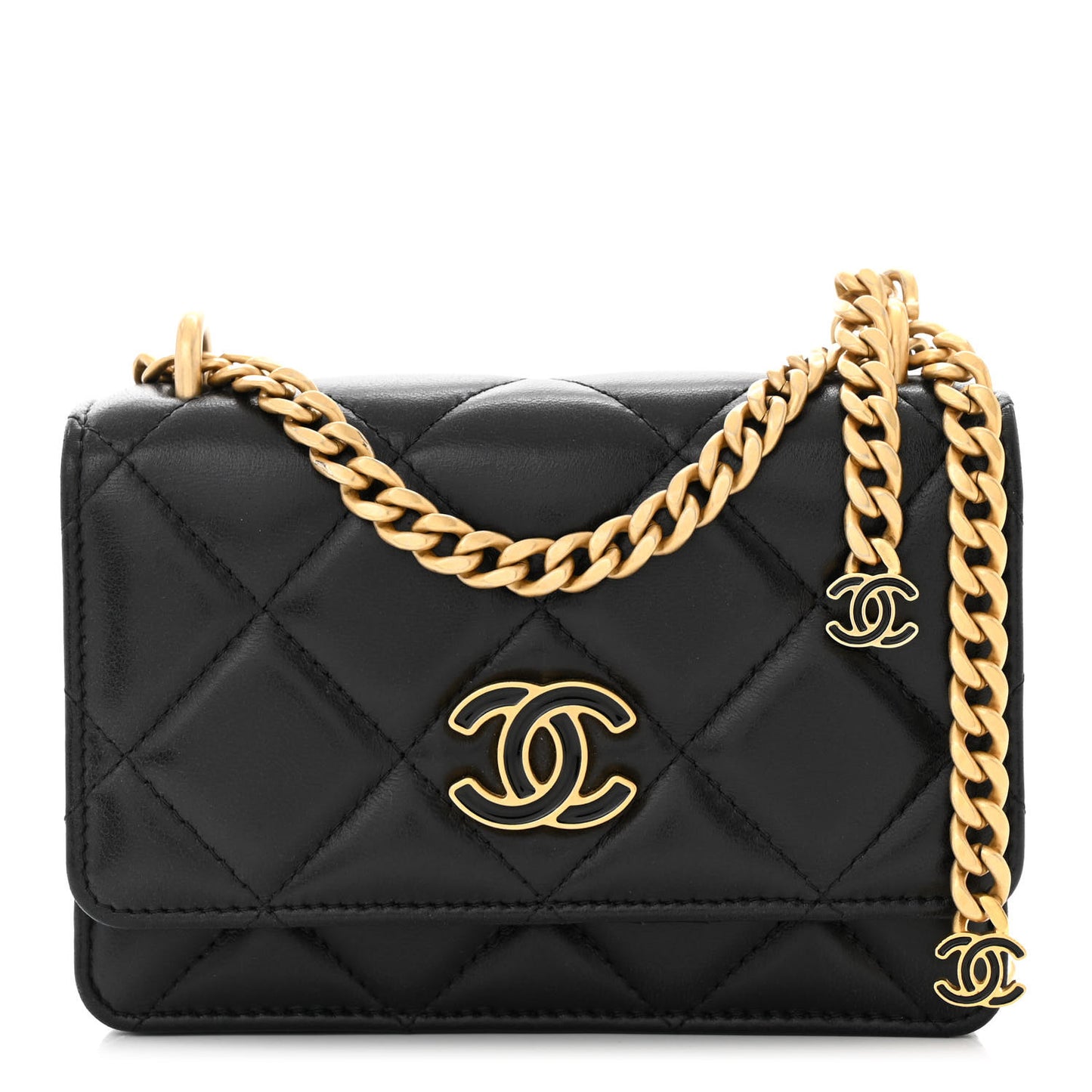 Lambskin Enamel Quilted Pending CC Clutch With Chain Black