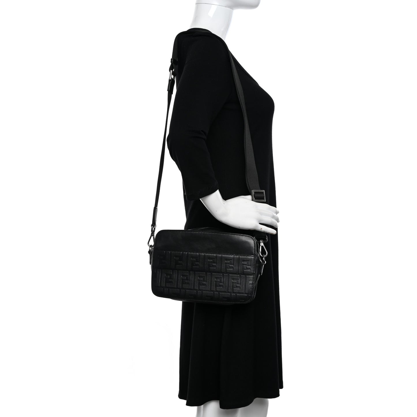 Vitello Century Grace FF Embossed Shoulder Clutch Black
