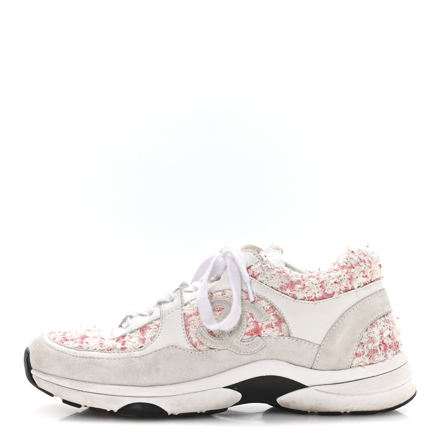 Chanel Tweed Suede Calfskin Womens CC Sneakers 39.5 Ecru Pink Red
