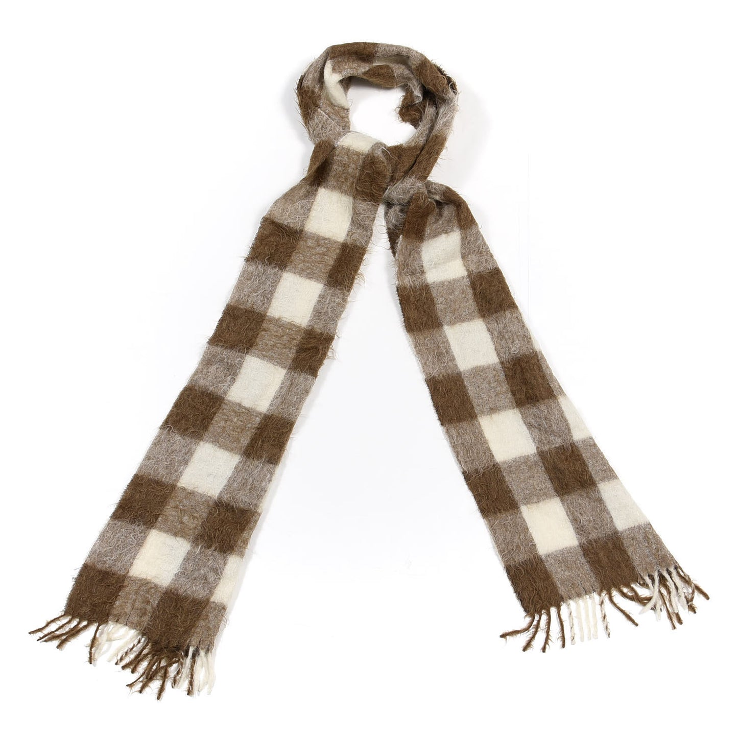 Wool Fringed Checked Knitted Scarf Brown