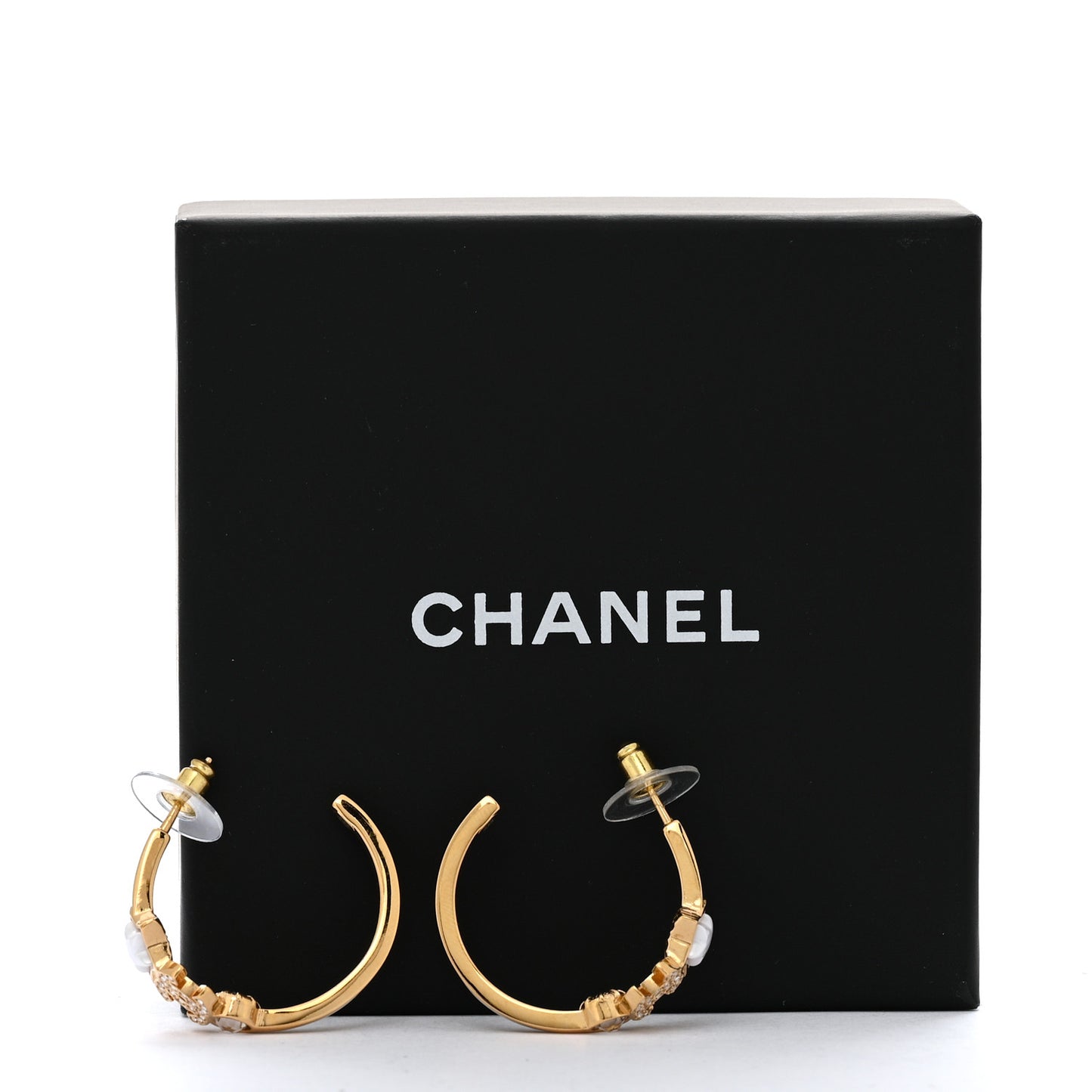 Metal Crystal Pearl CC Star Hoop Earrings Gold Pearly White