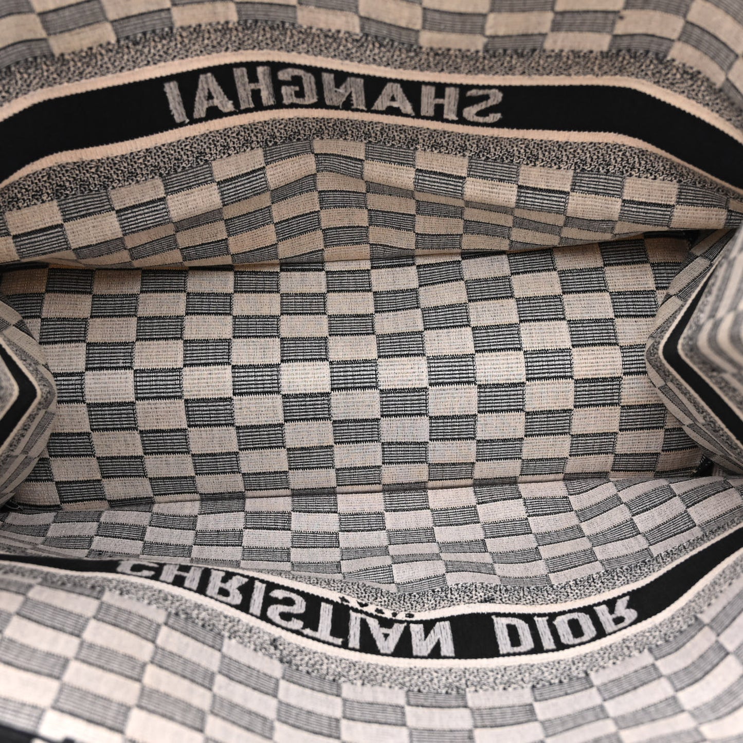 Canvas Embroidered Checkered Book Tote Black White