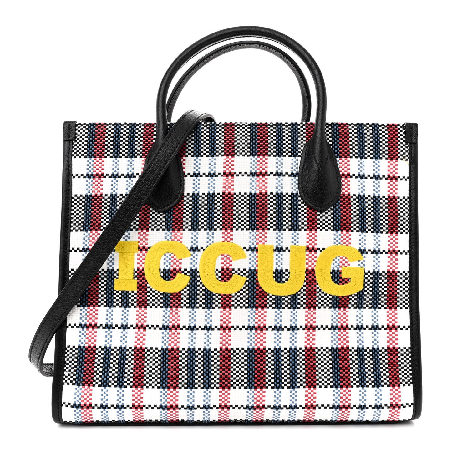 Canvas Plaid ICCUG Embroidered Small Tote Bag Black White Red Blue Smile Yellow