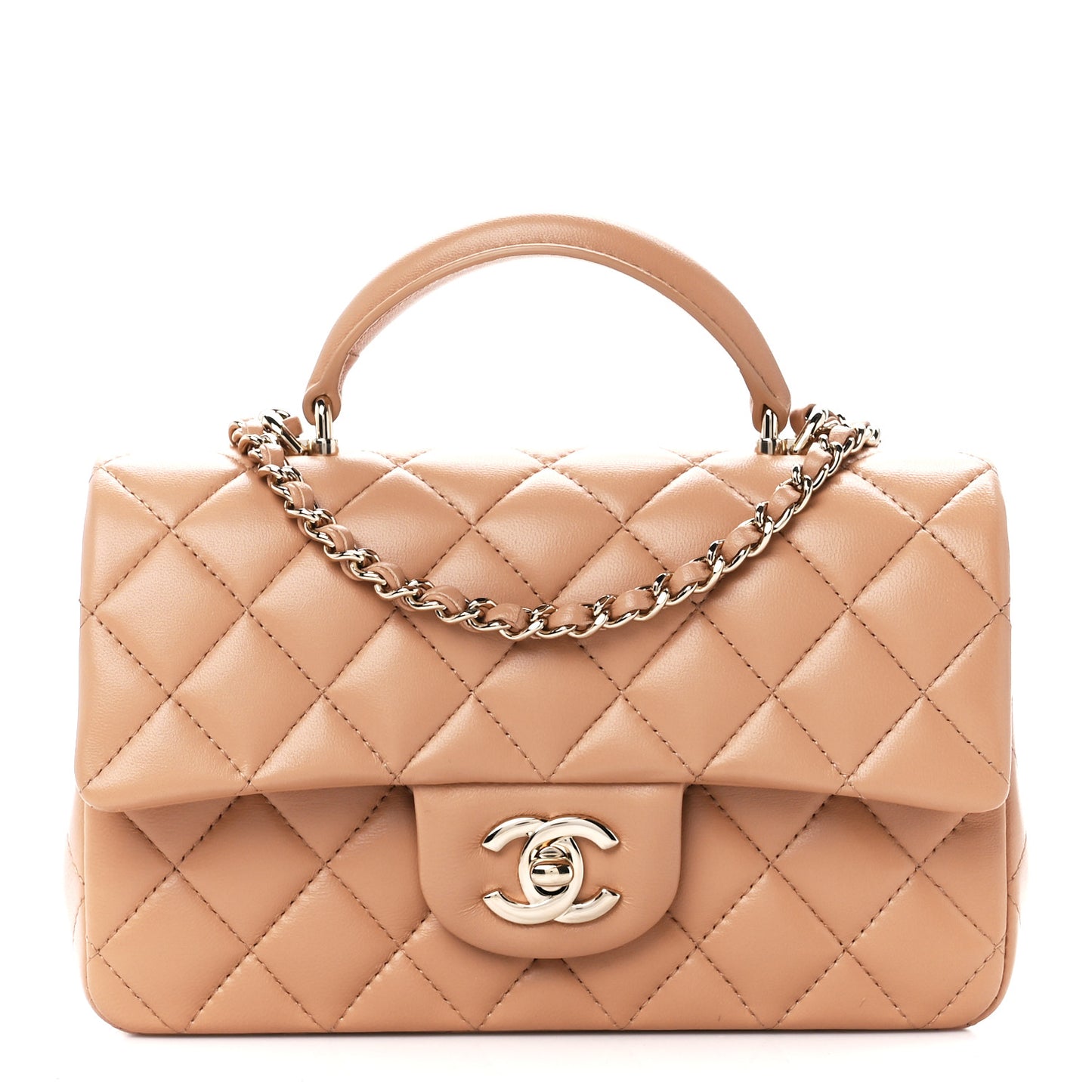 Lambskin Quilted Mini Top Handle Rectangular Flap Beige