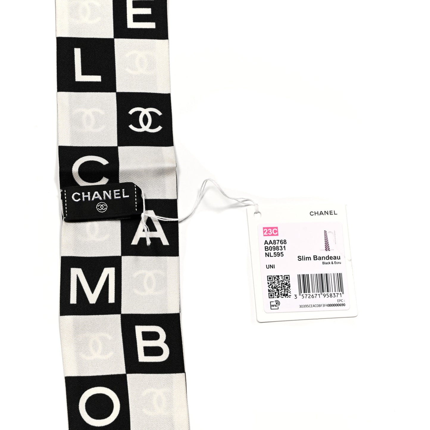 Silk Logo Cambon Slim Bandeau Scarf Black Ecru