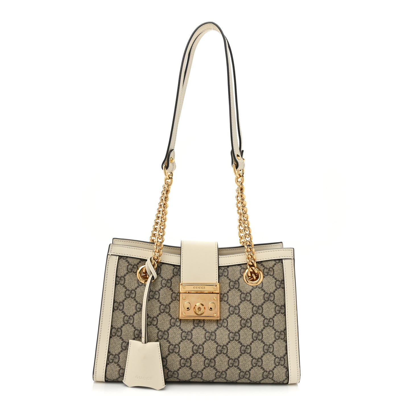 GG Supreme Monogram Moon Calfskin Small Padlock Tote Beige Ebony Mystic White