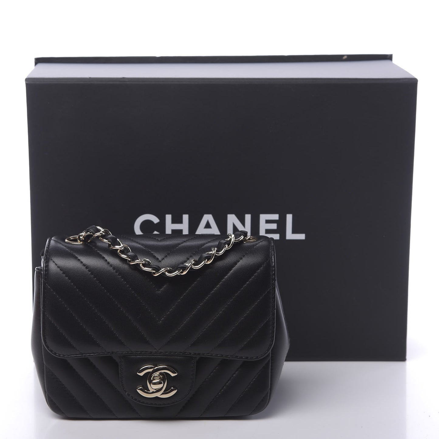 Lambskin Chevron Quilted Mini Square Flap Black