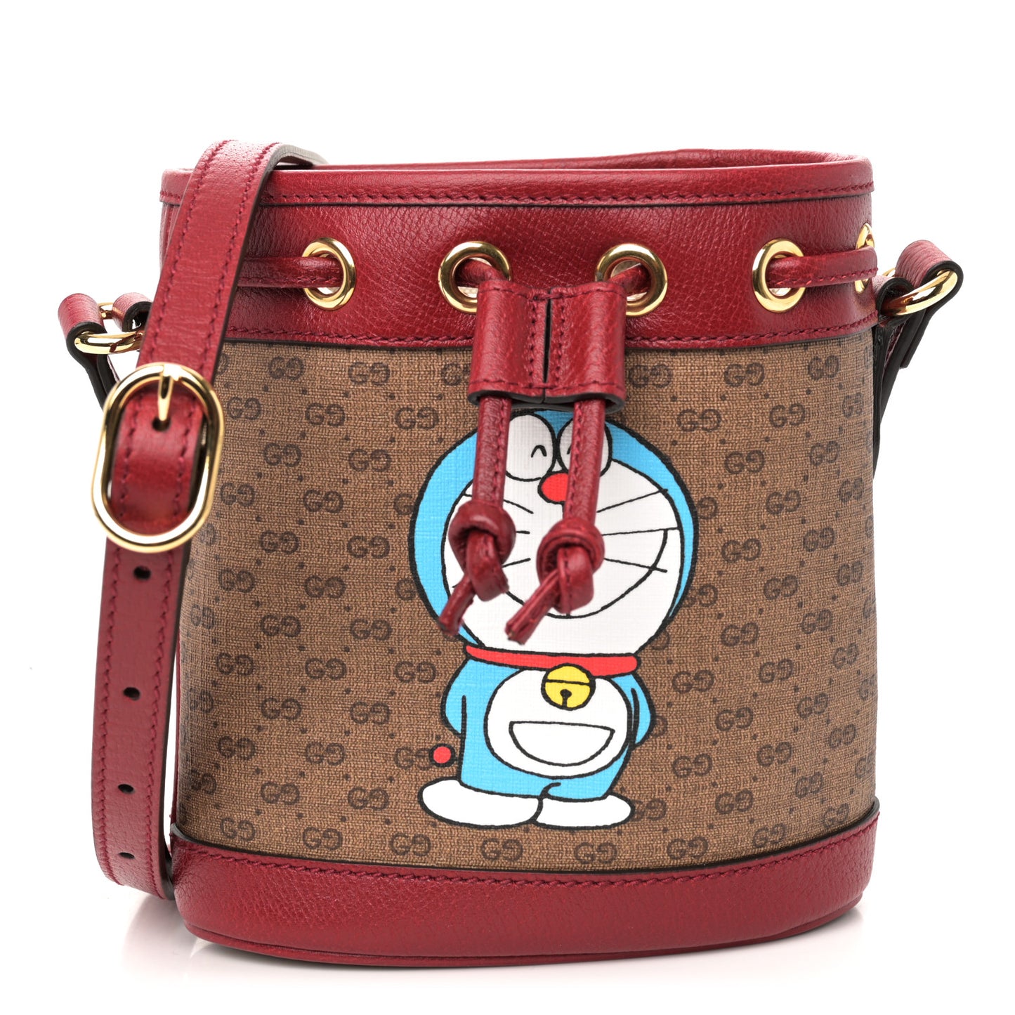 X DORAEMON Mini Vintage GG Supreme Monogram Textured Dollar Calfskin Mini Bucket Bag Beige Ebony Multicolor New Cherry Red