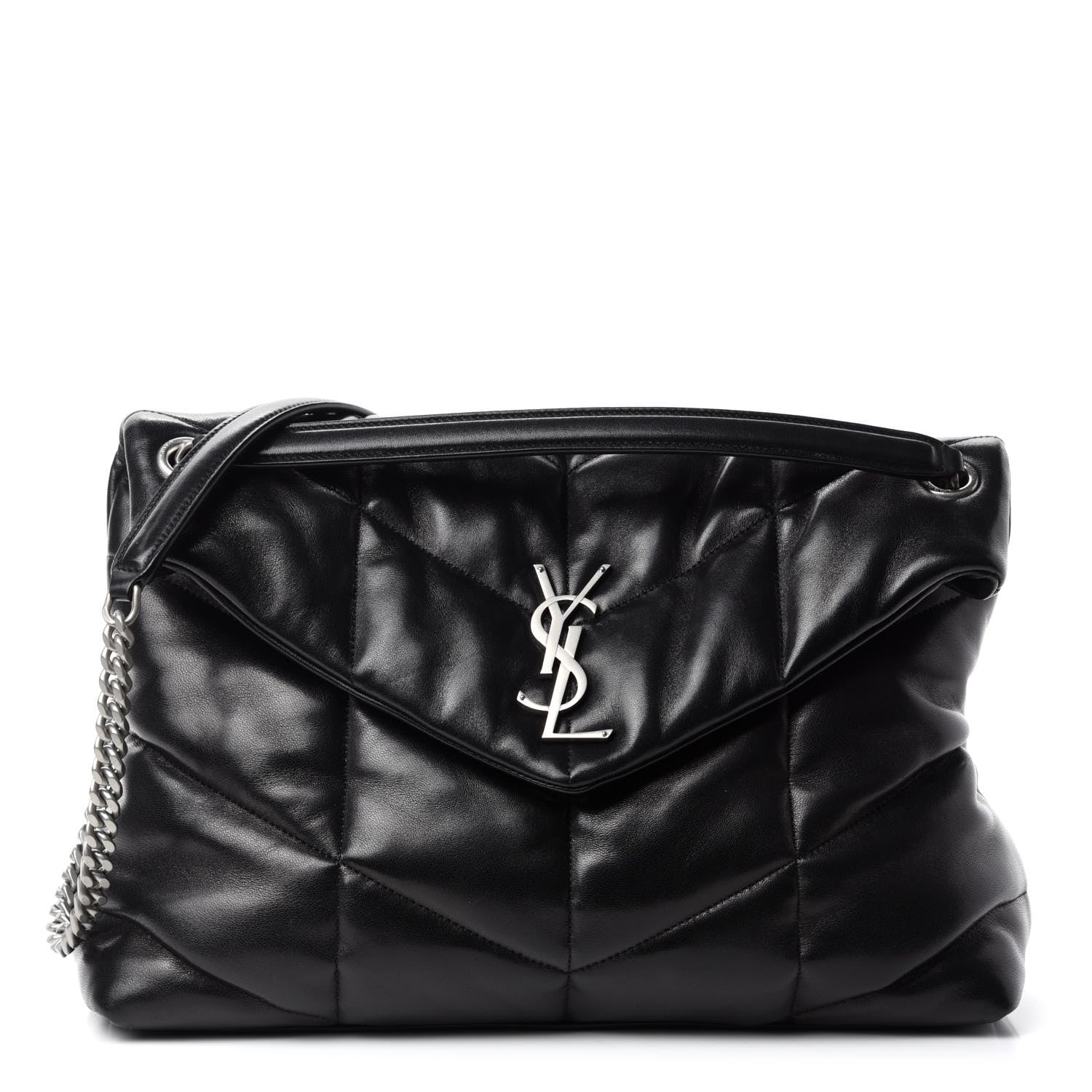 Saint Laurent Lambskin Quilted Medium Loulou Puffer Monogram Chain Satchel Black 1 of 11