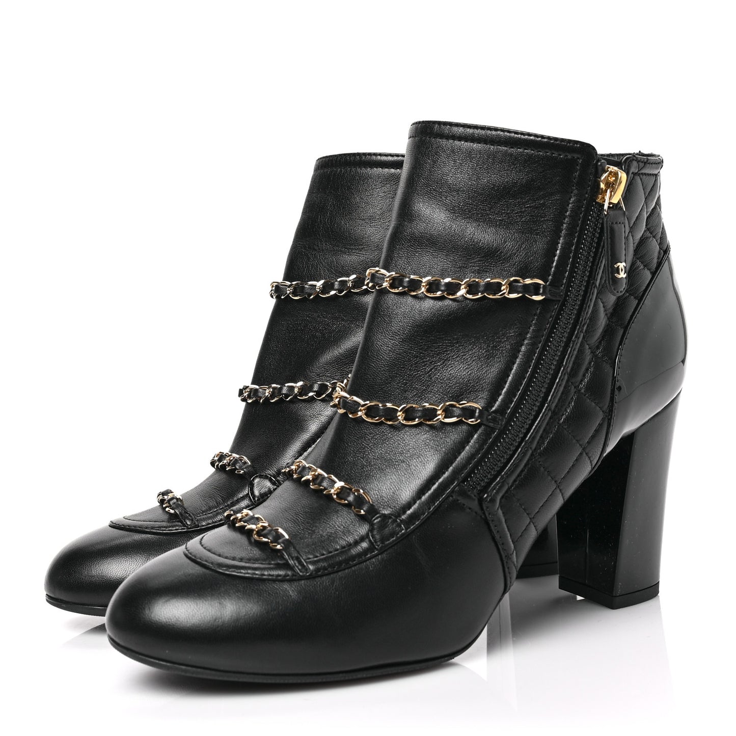 Lambskin Patent Calfskin Chain CC Short Boots 39.5 Black