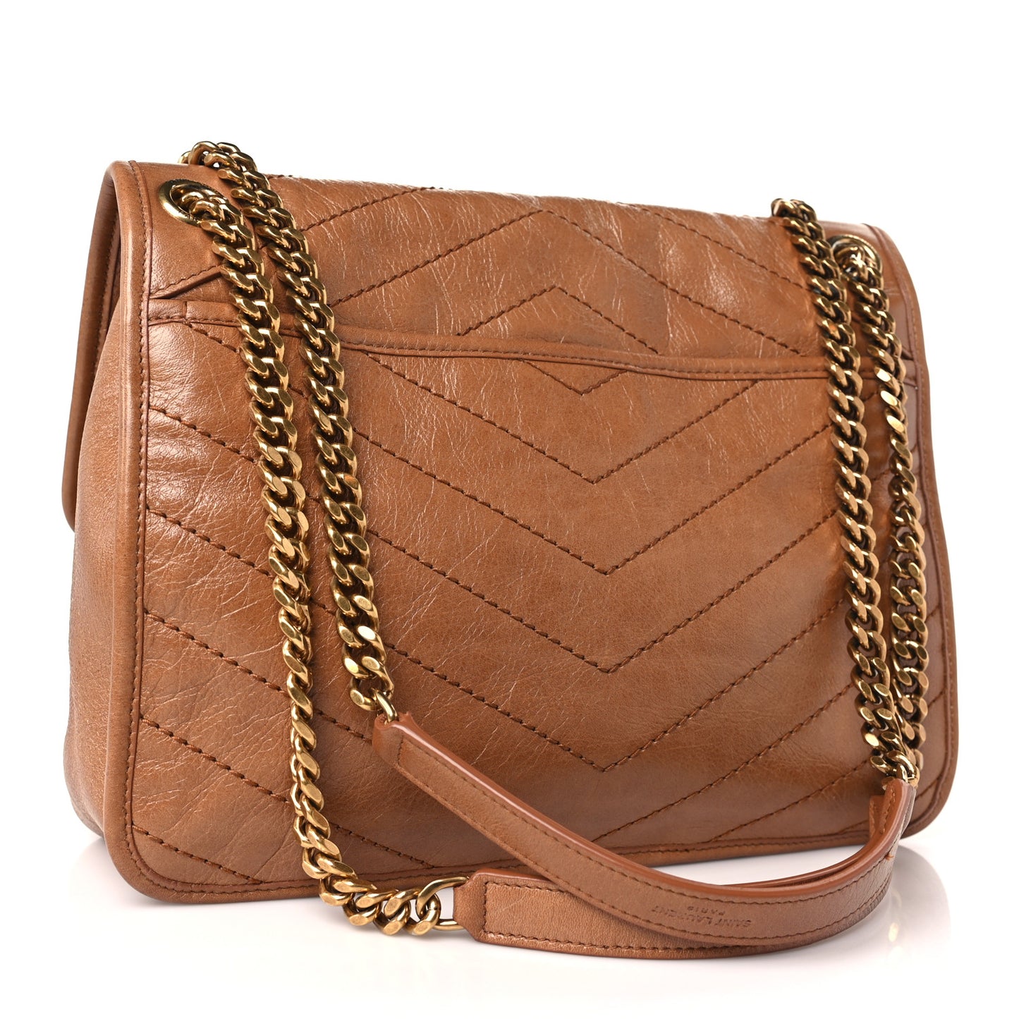 Crinkled Calfskin Matelasse Monogram Medium Niki Chain Satchel Caramel