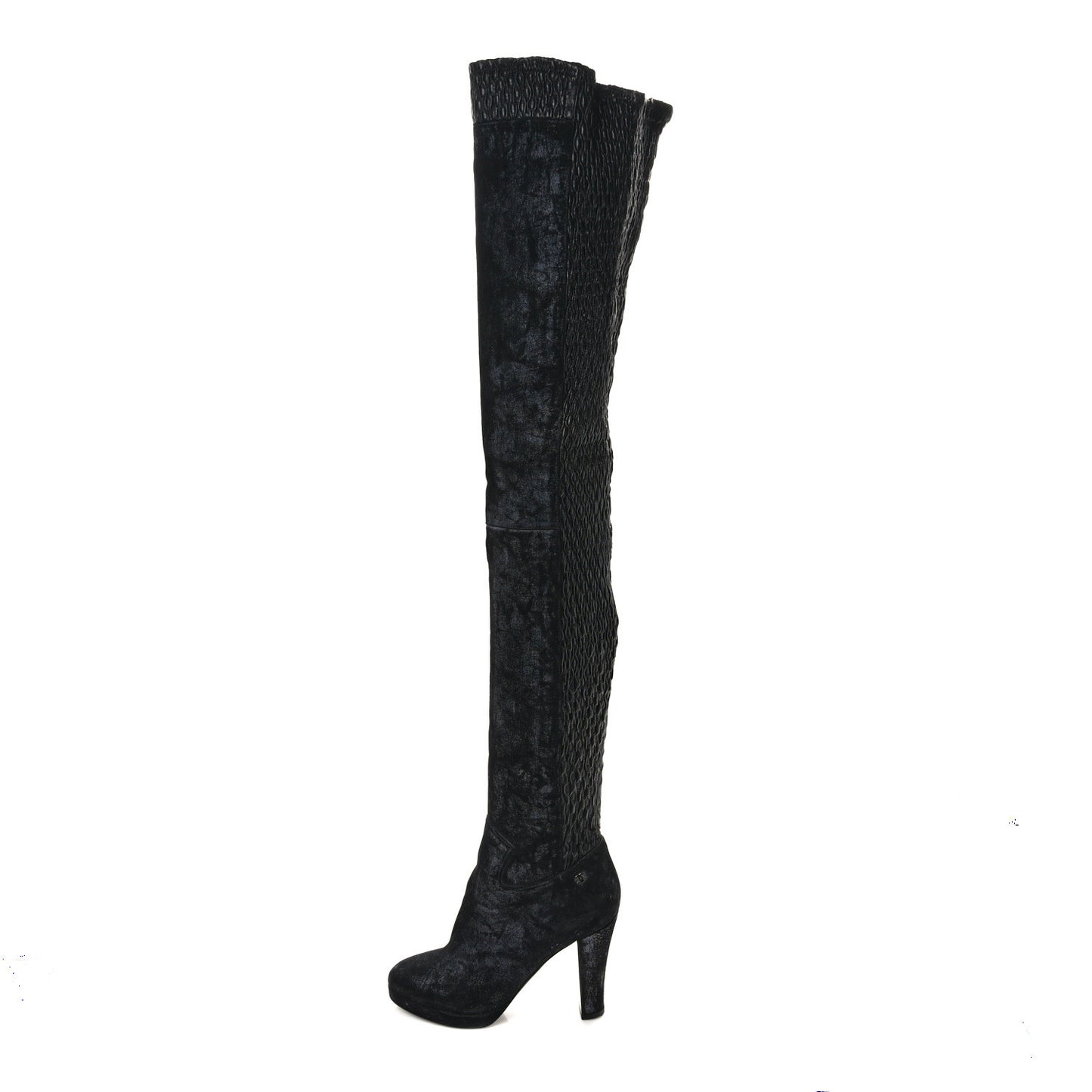 Lambskin Suede Ruched High Boots 38 Black