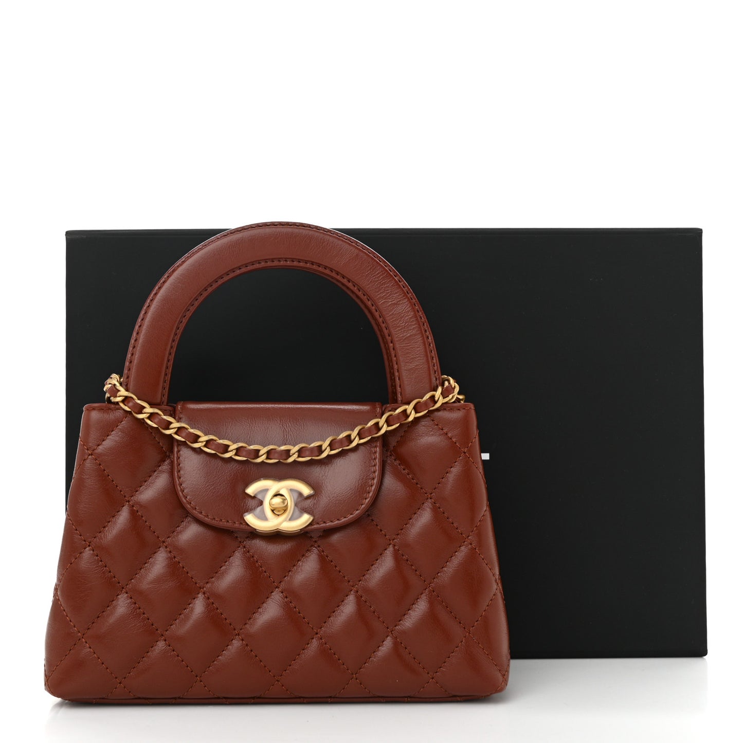 Shiny Aged Calfskin Quilted Nano Kelly Shopper Brown