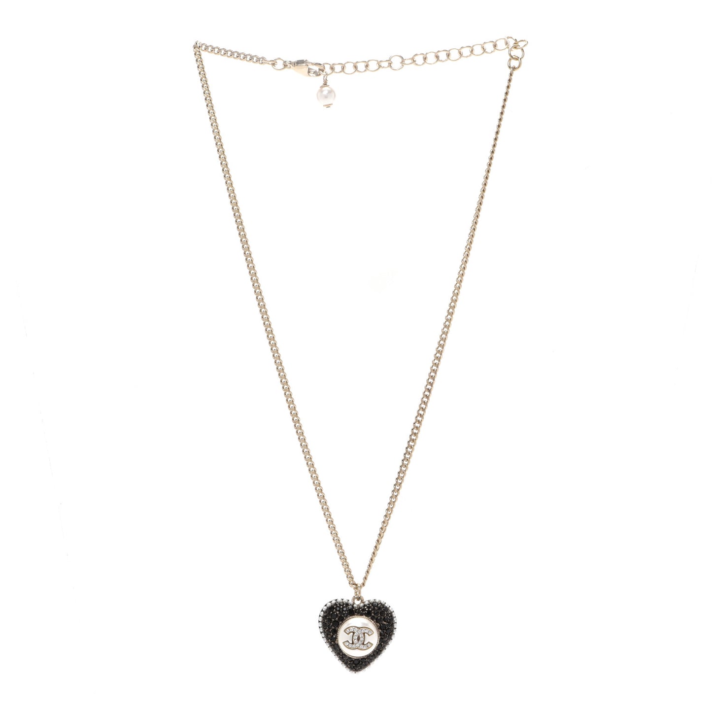 Pearl Crystal CC Heart Necklace Gold Pearly White Black