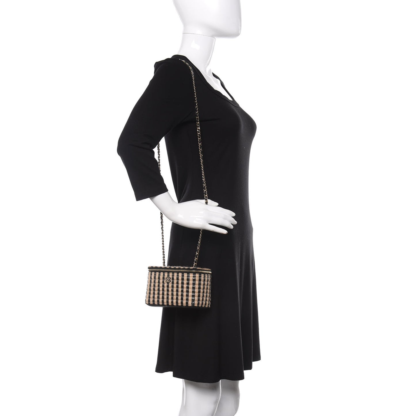 Raffia Jute Striped Small Vanity Case With Chain Black Beige