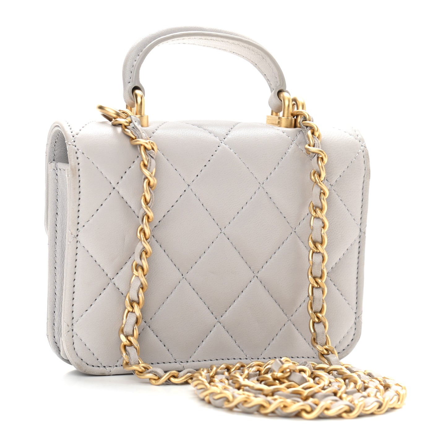 Lambskin Quilted Top Handle Flap Coin Purse With Chain Grey