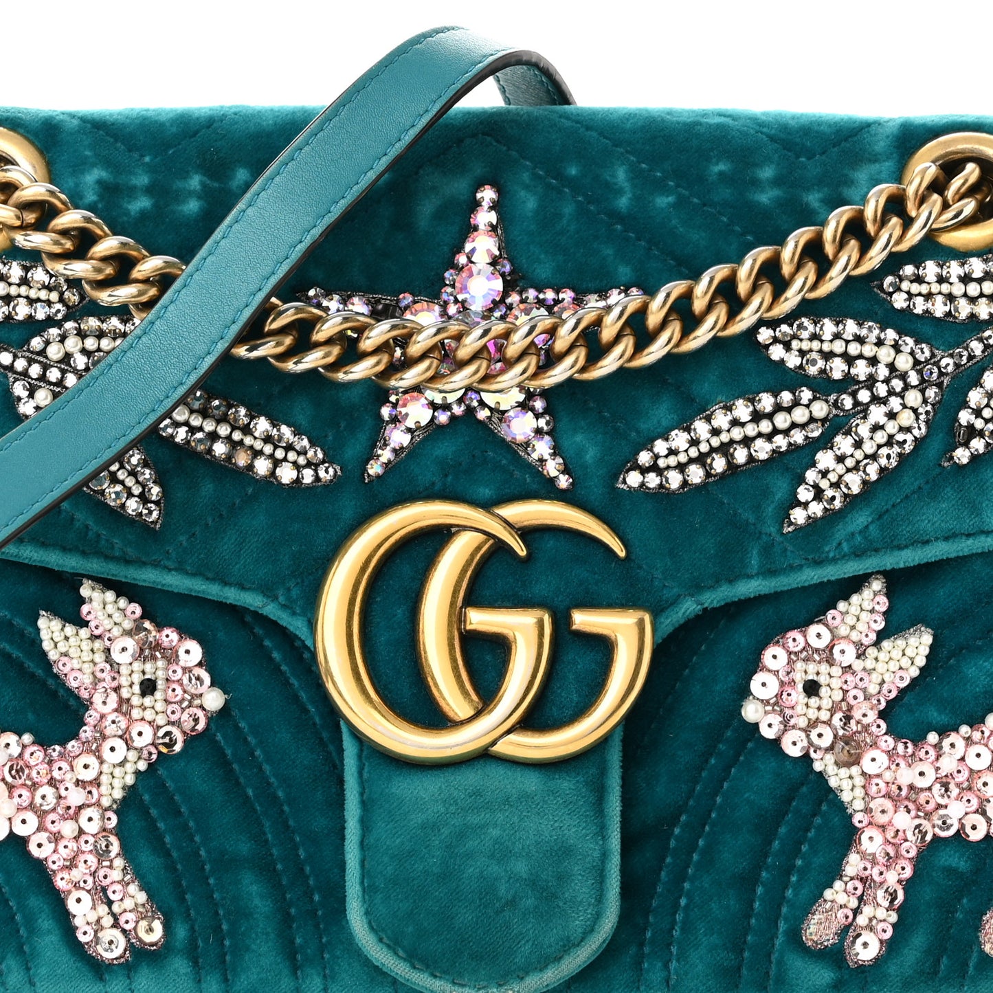 Velvet Matelasse Embroidered Small GG Marmont Shoulder Bag Pavone Cyan