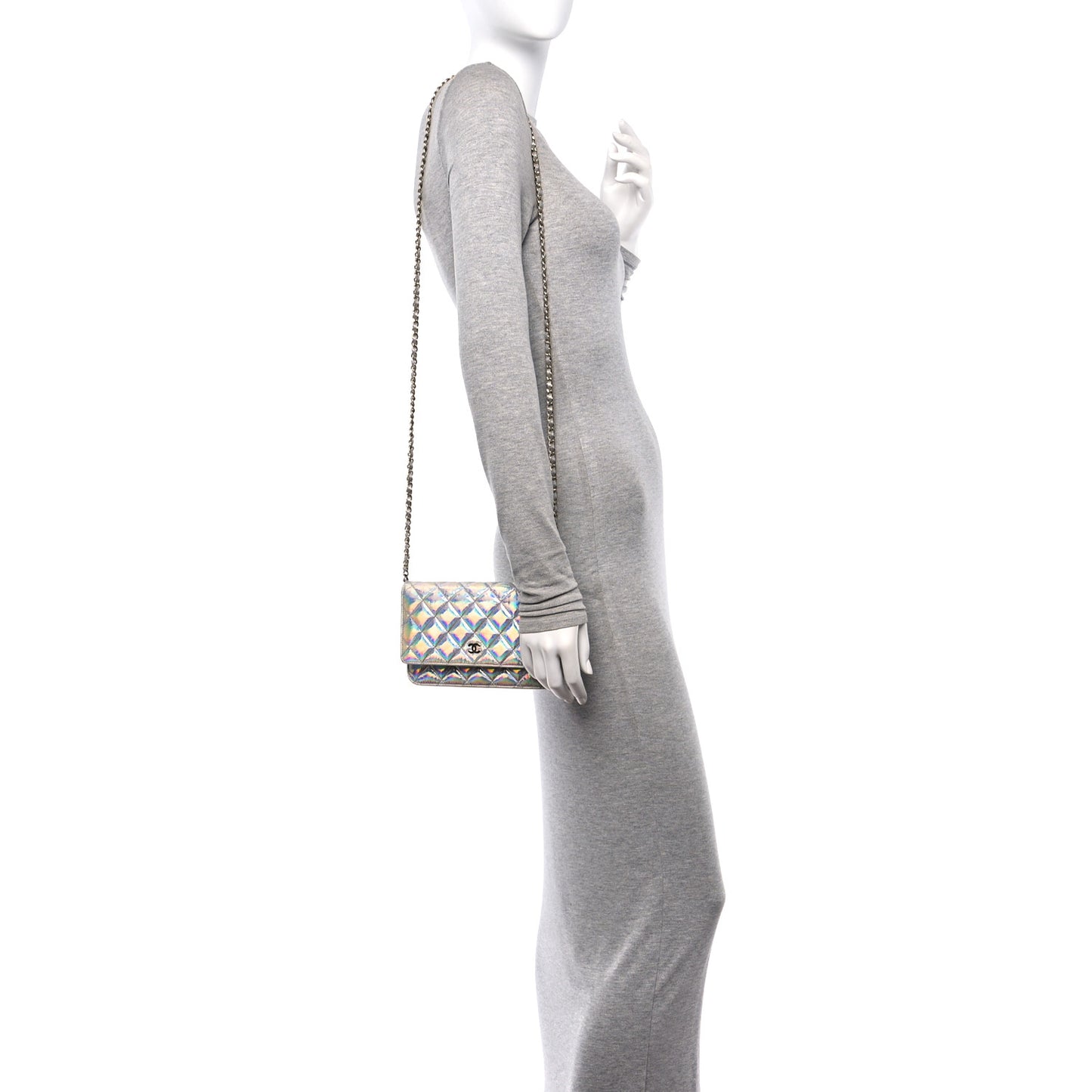 Iridescent Goatskin Quilted Wallet On Chain WOC Silver