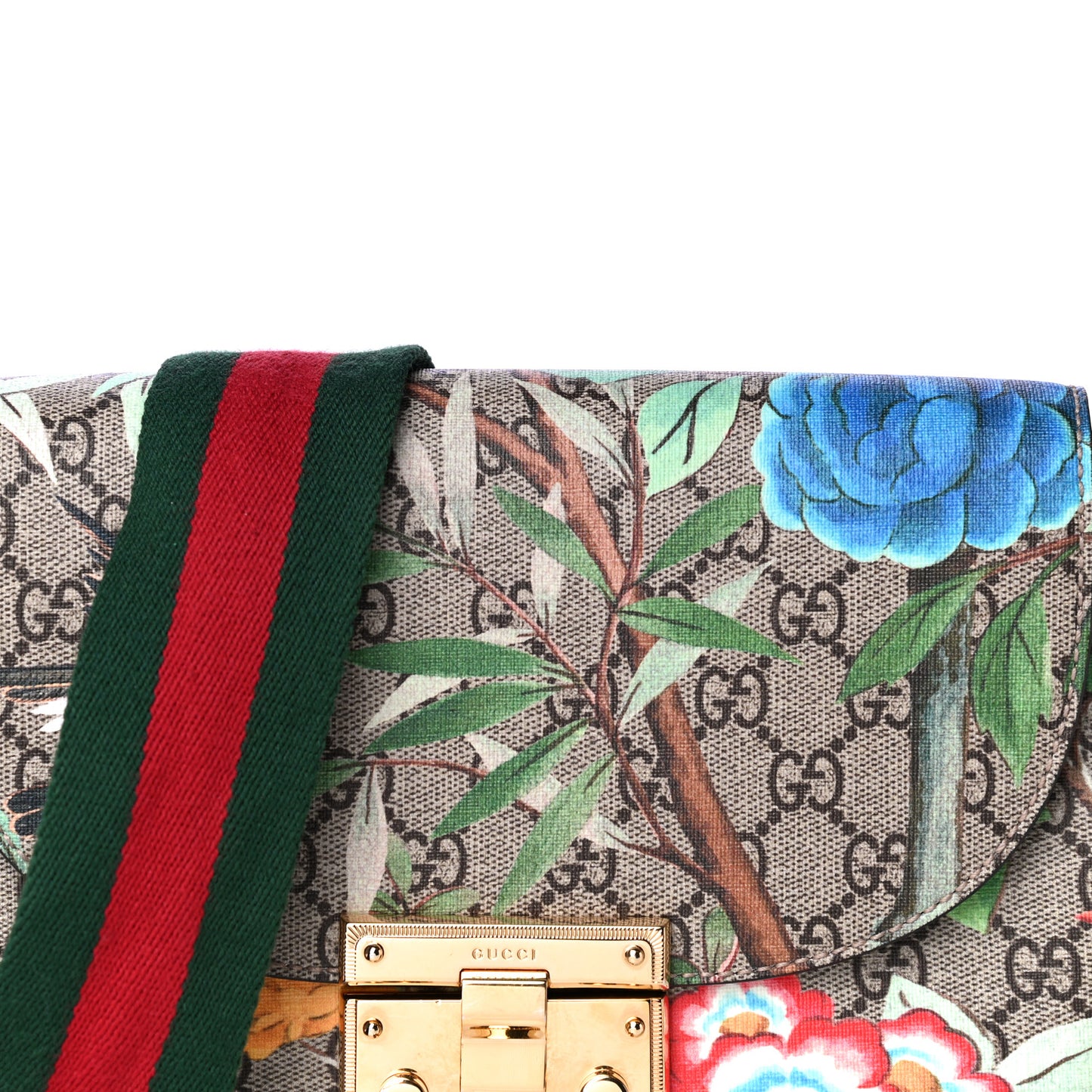 GG Supreme Monogram Tian Web Medium Padlock Messenger Shoulder Bag Beige Multicolor New Acero