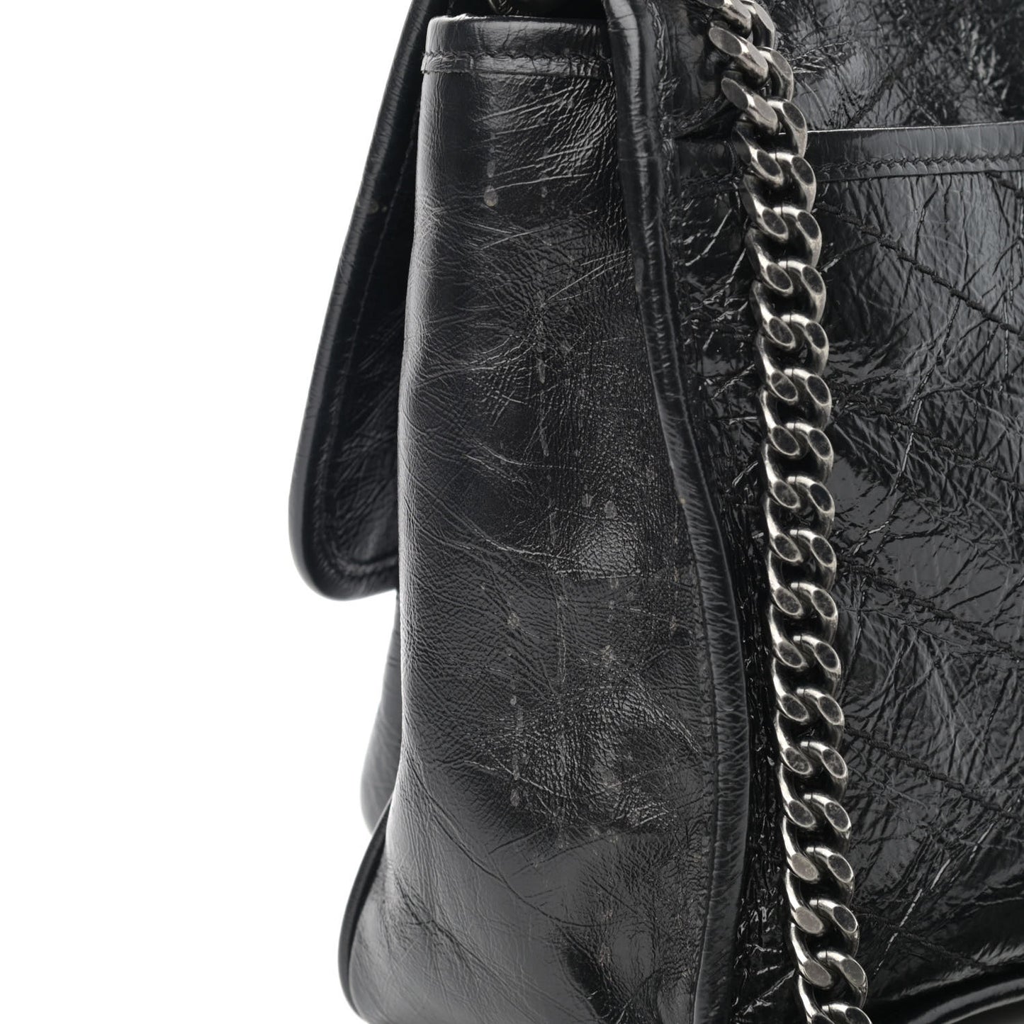 Crinkled Calfskin Matelasse Monogram Medium Niki Chain Satchel Black