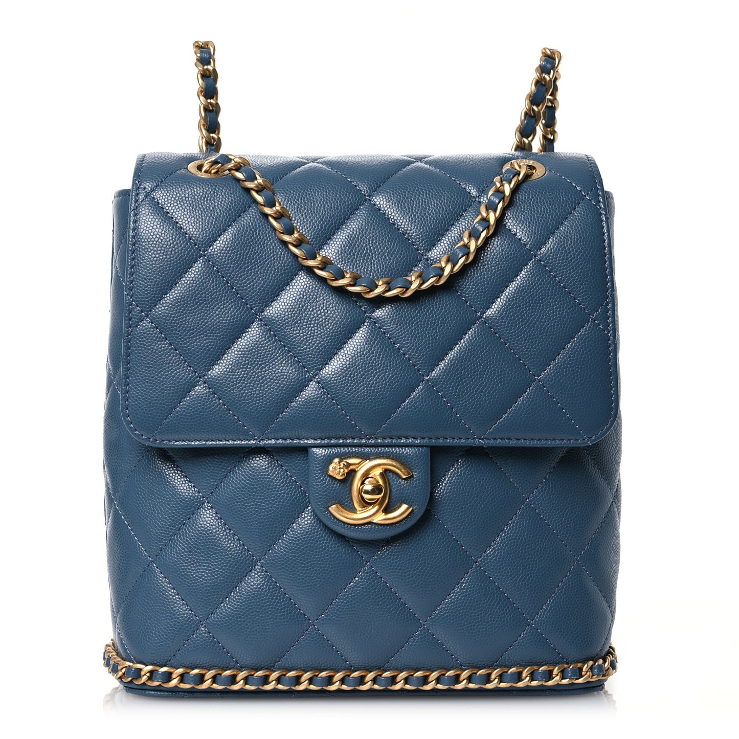 Caviar Quilted Camellia Chain Around Backpack Blue