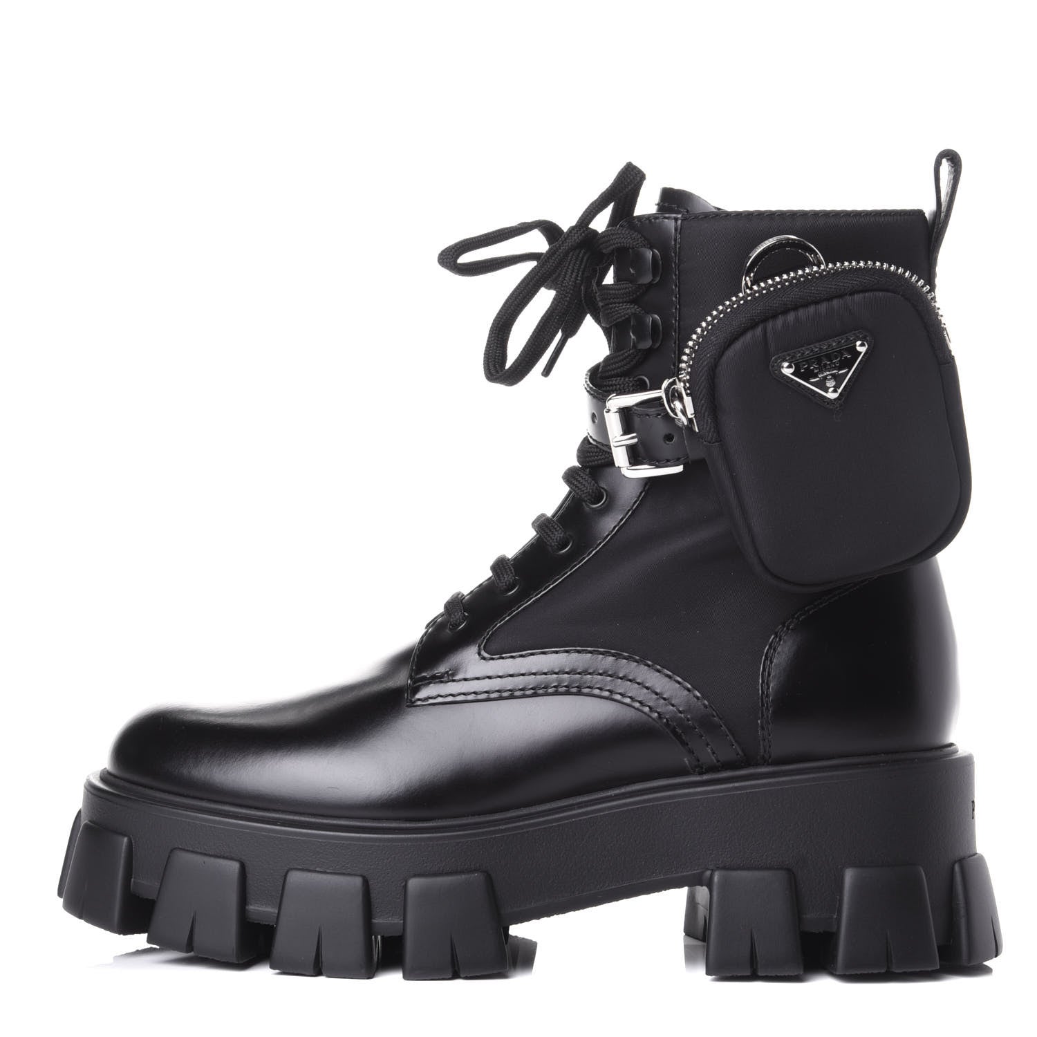 Prada Spazzolato Rois Nylon Metal Triangle Logo Monolith Pouch Pocket 55mm Boots 39 Black 1 of 11