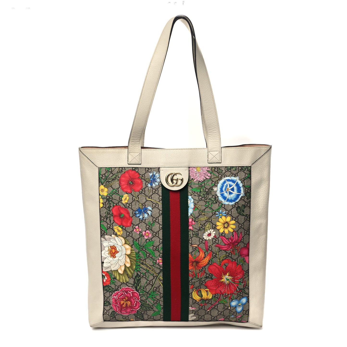 GG Supreme Monogram Flora Web Ophidia Vertical Shopping Tote White