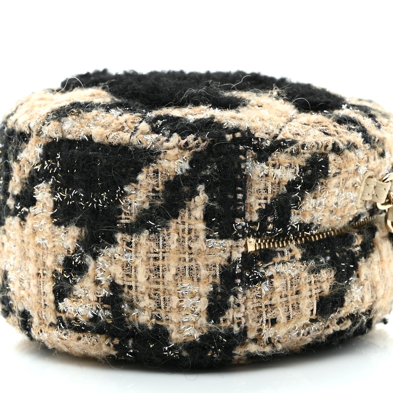 Chanel Tweed Shearling Quilted Round Clutch With Chain and Coin Purse Beige Black 11 of 11