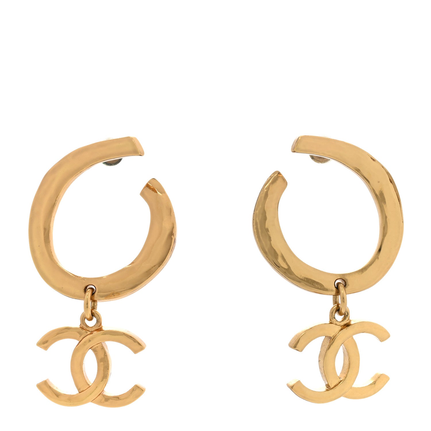 Chanel Metal Textured Hoop Drop CC Earrings Gold 1 of 5