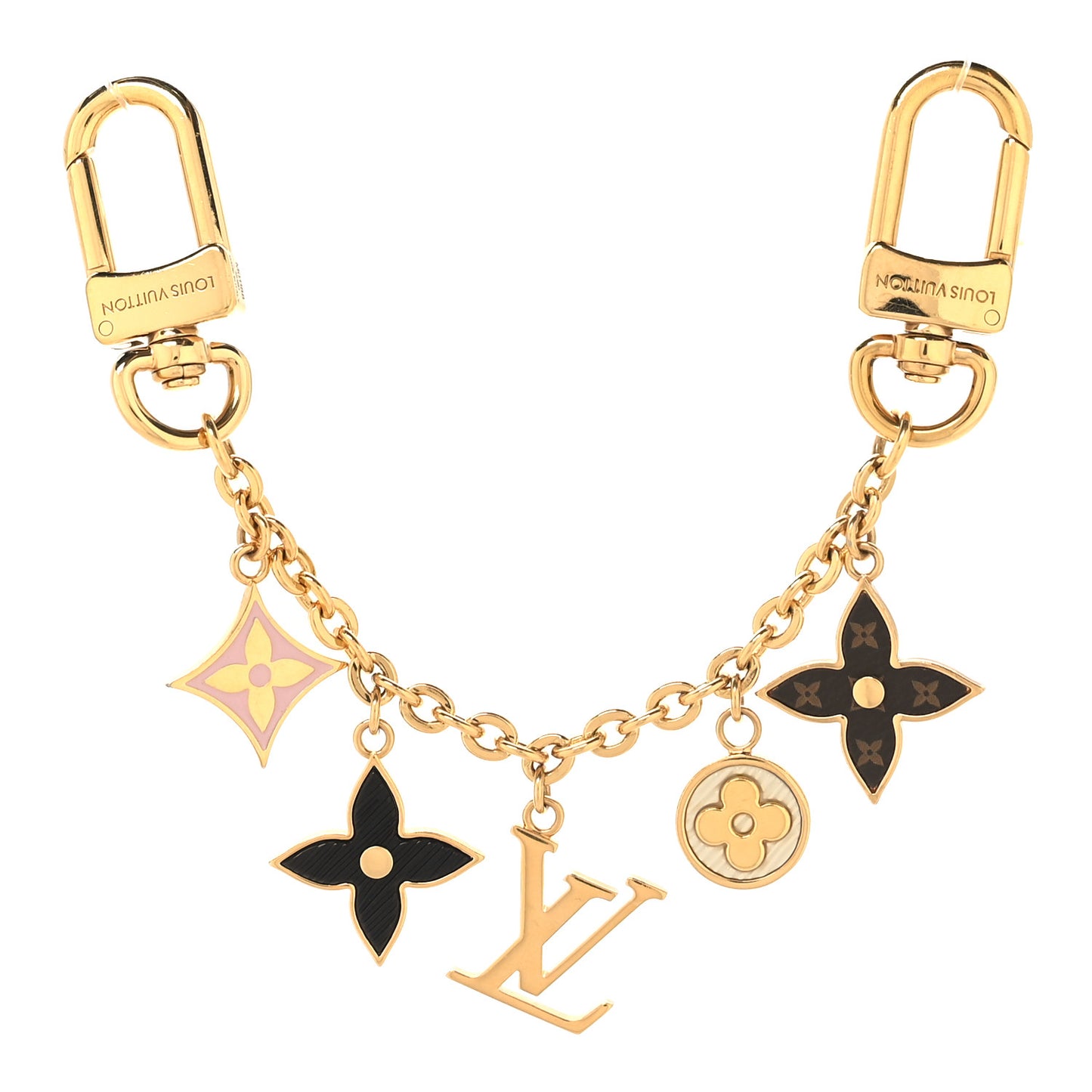 Brass Enamel Fleur De Monogram Bag Charm Chain Gold