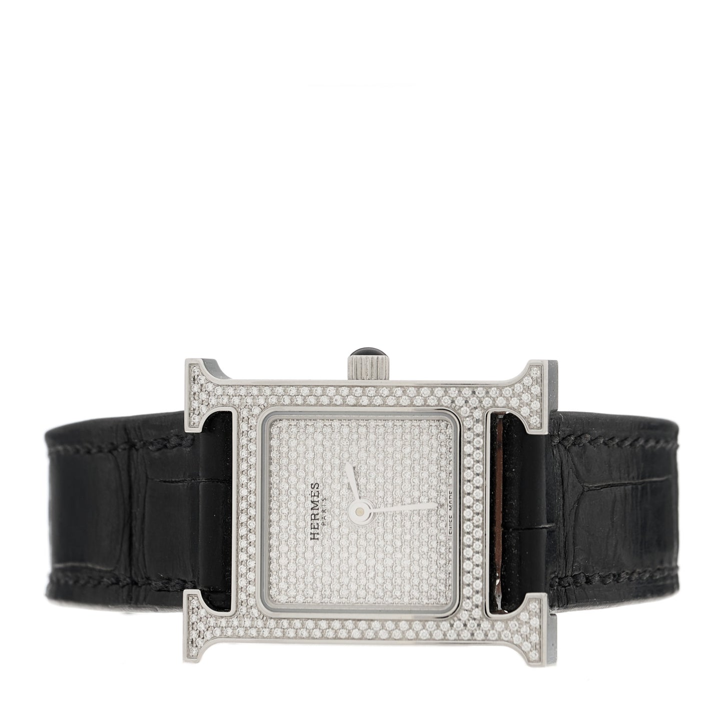 Stainless Steel Alligator Diamond Pave 21mm Heure H Quartz Watch Noir