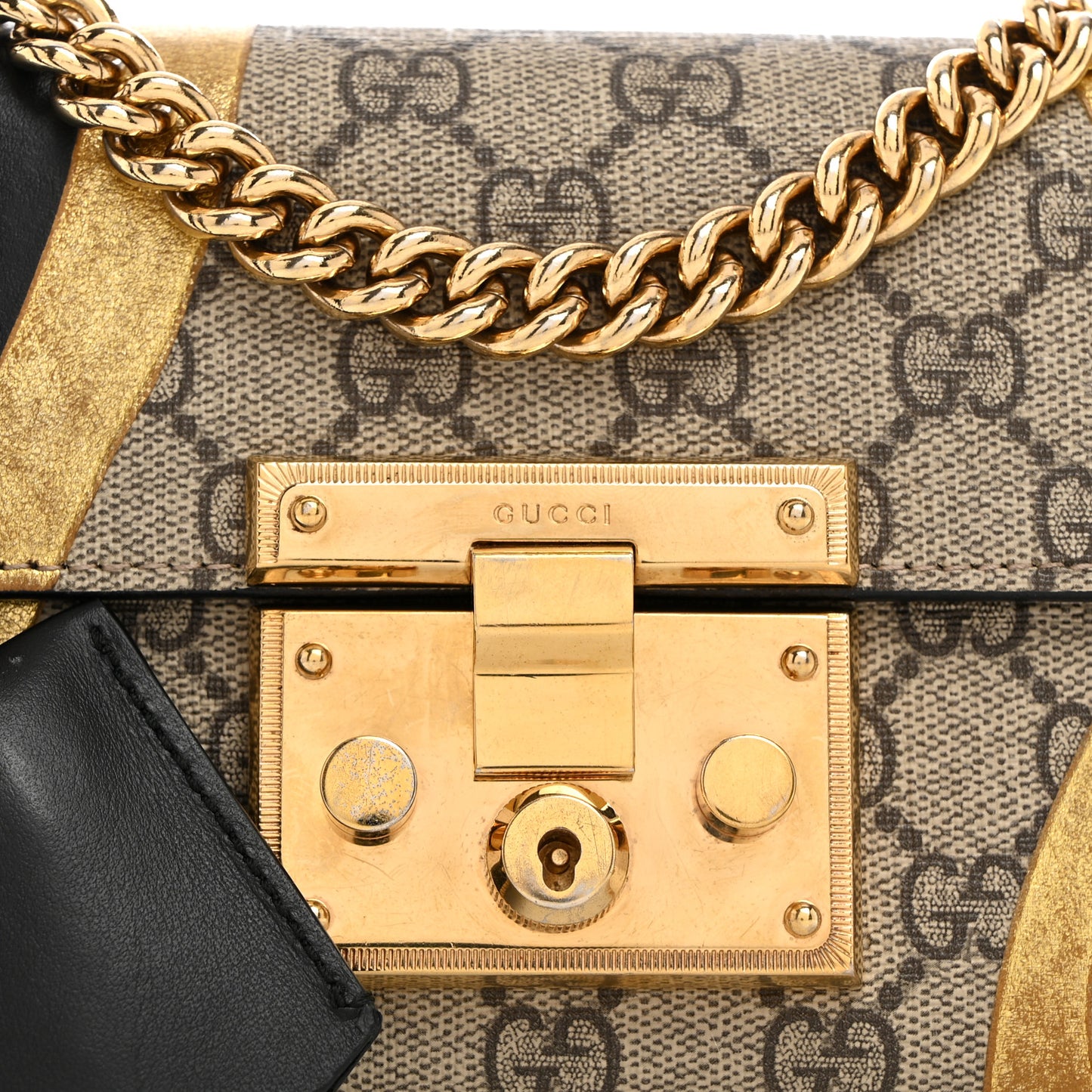 Calfskin GG Supreme Monogram Small Padlock Shoulder Bag Black Gold