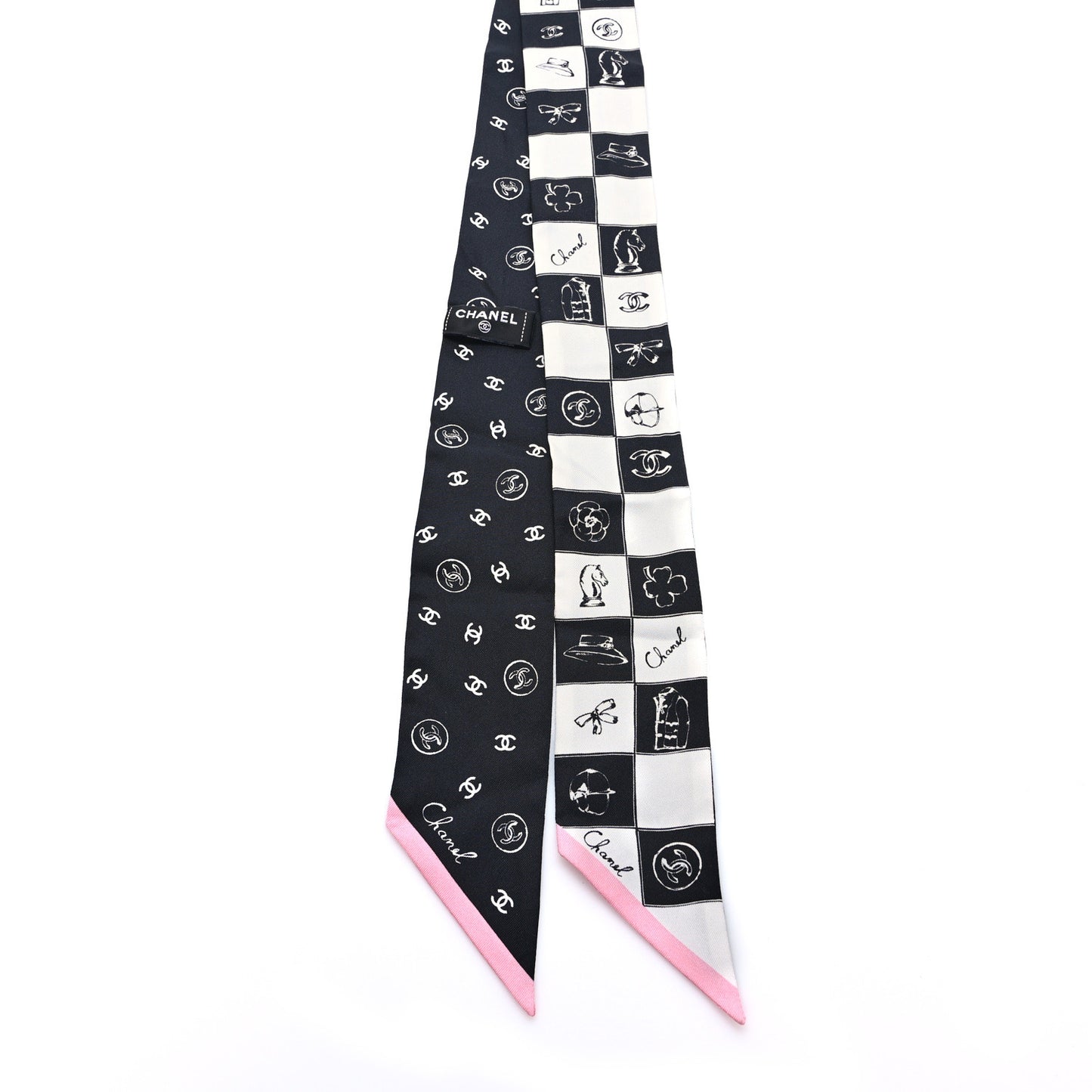 Silk Checkered Lucky Symbols CC Slim Bandeau Scarf Black White