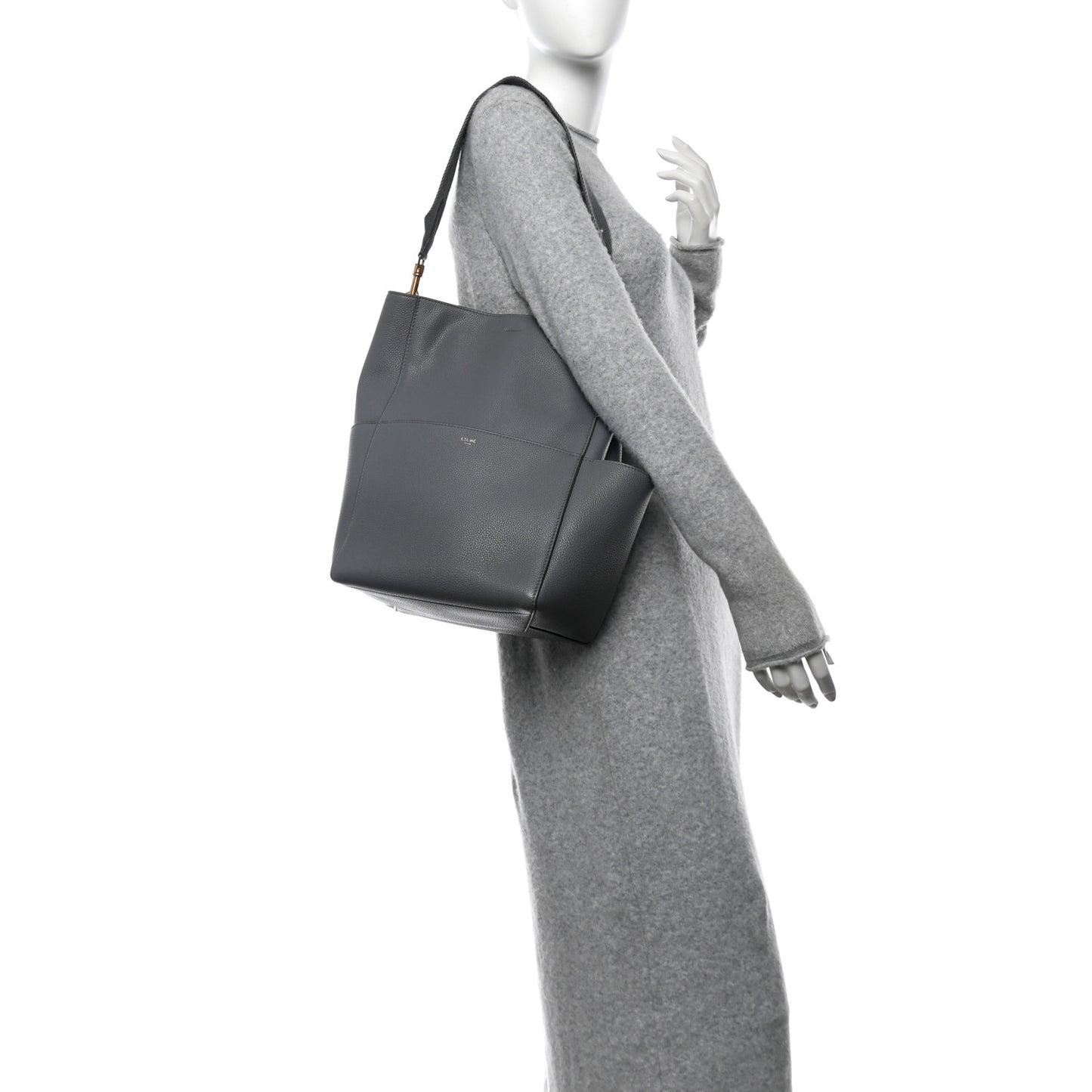 Soft Grained Calfskin Sangle Bucket Bag Grey