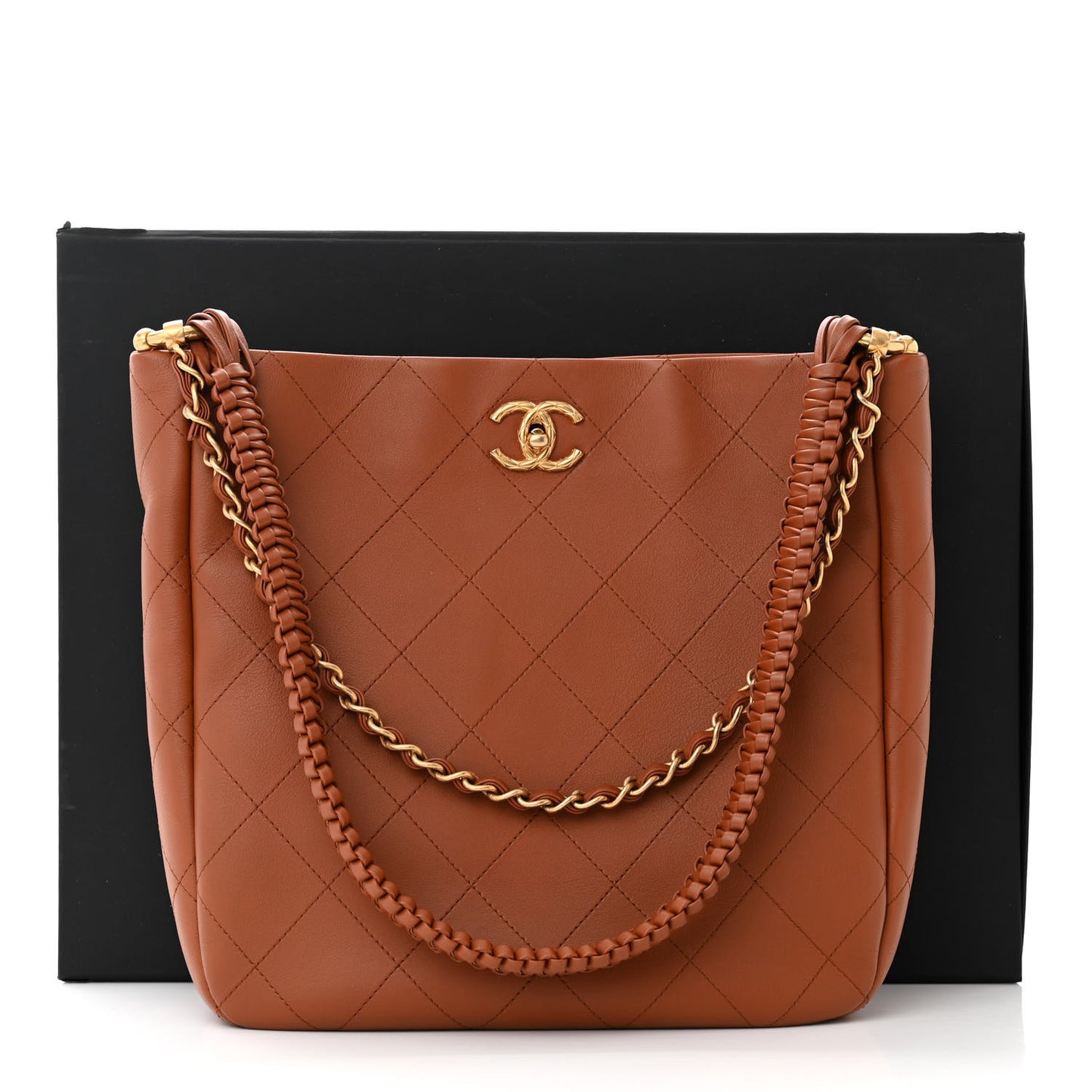 Calfskin Quilted Braided Handle Chain Hobo Brown
