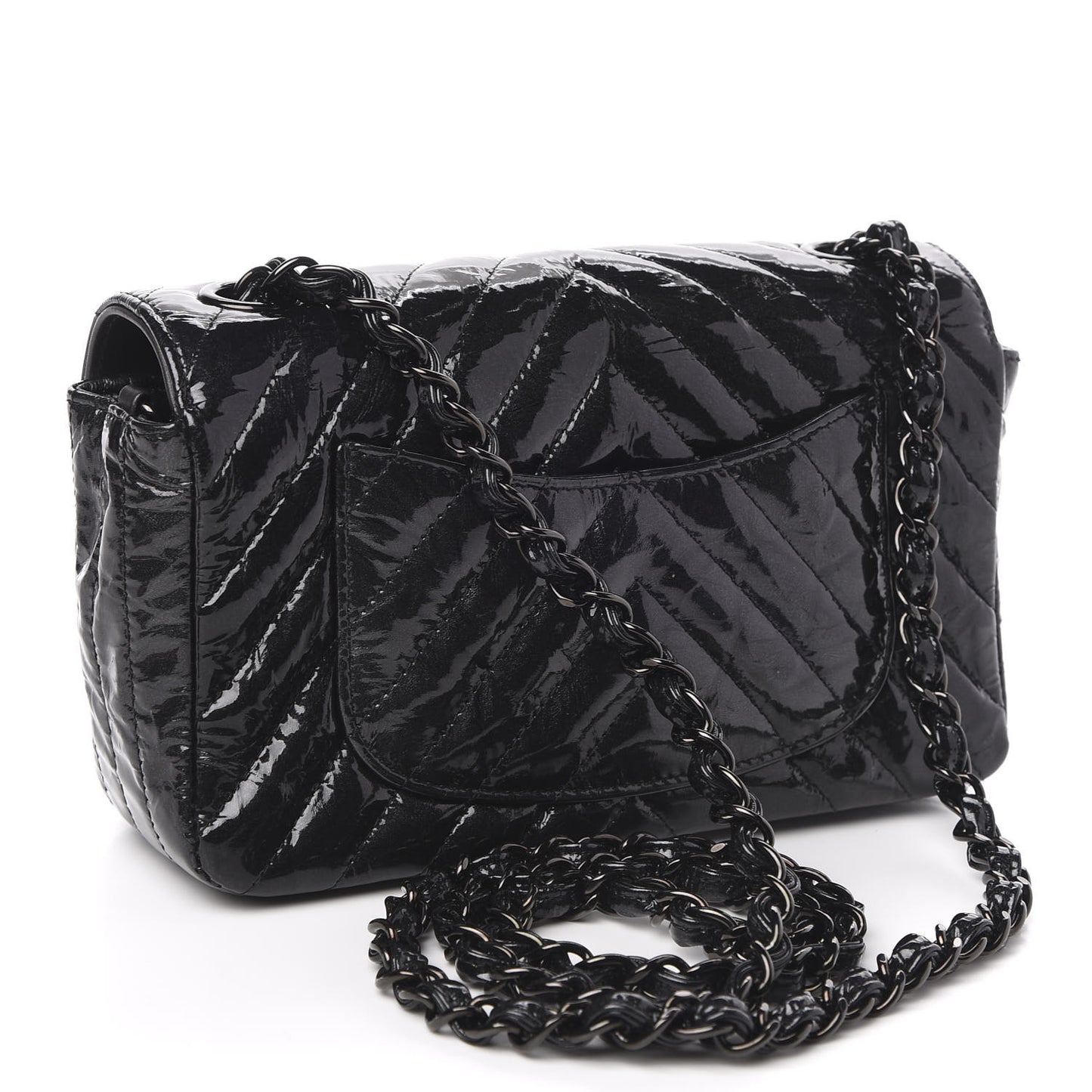 Patent Metallic Crumpled Calfskin Chevron Quilted Mini Rectangular Flap So Black