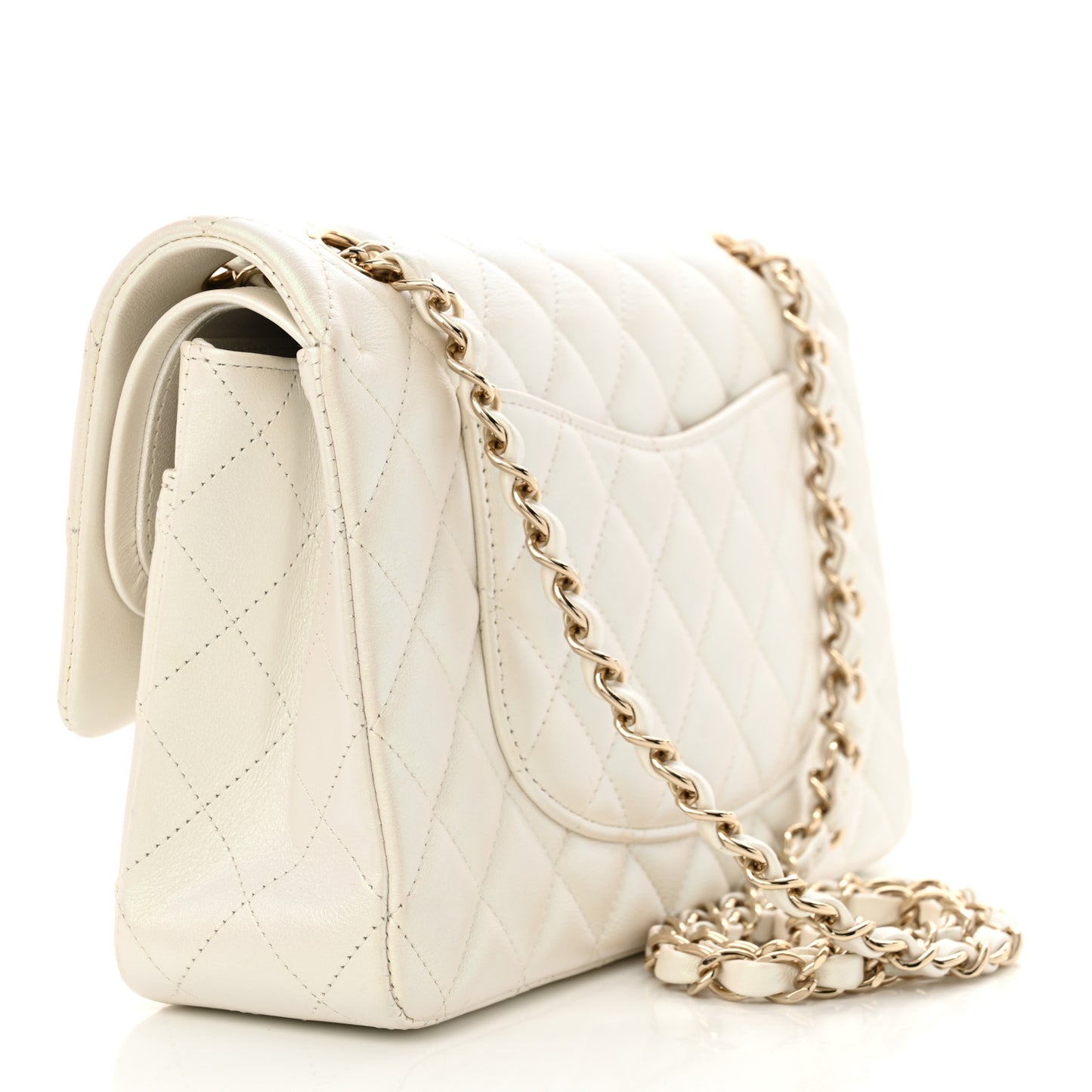 Iridescent Calfskin Quilted Medium Double Flap White