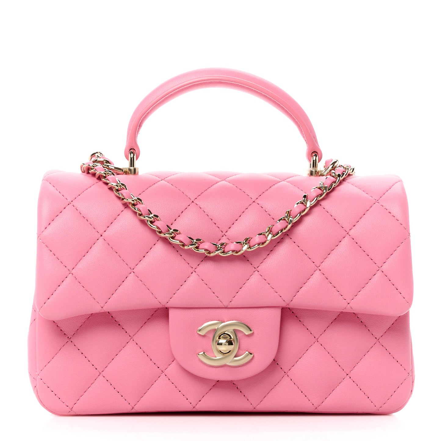 Lambskin Quilted Mini Top Handle Rectangular Flap Pink