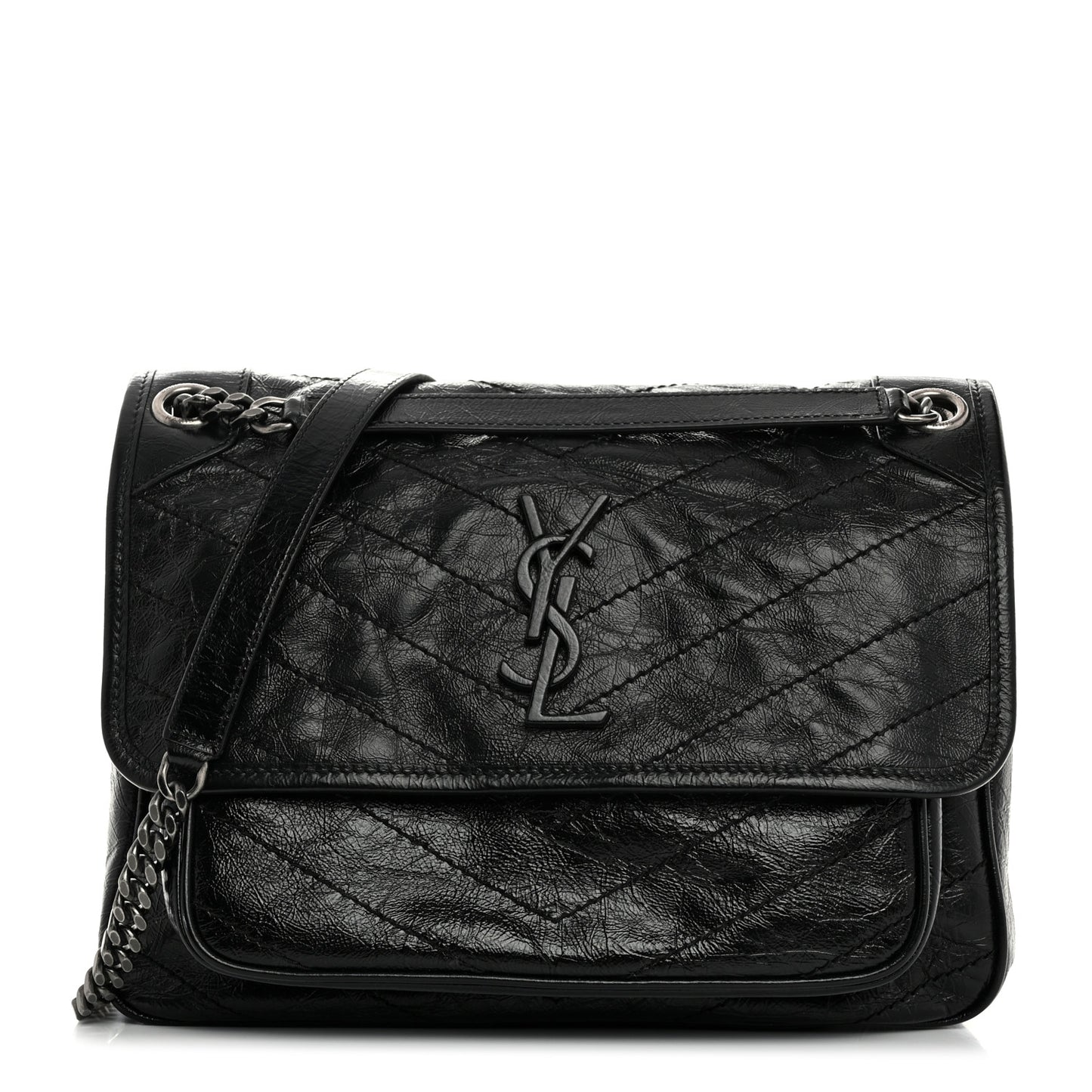 Crinkled Calfskin Matelasse Monogram Medium Niki Chain Satchel Black