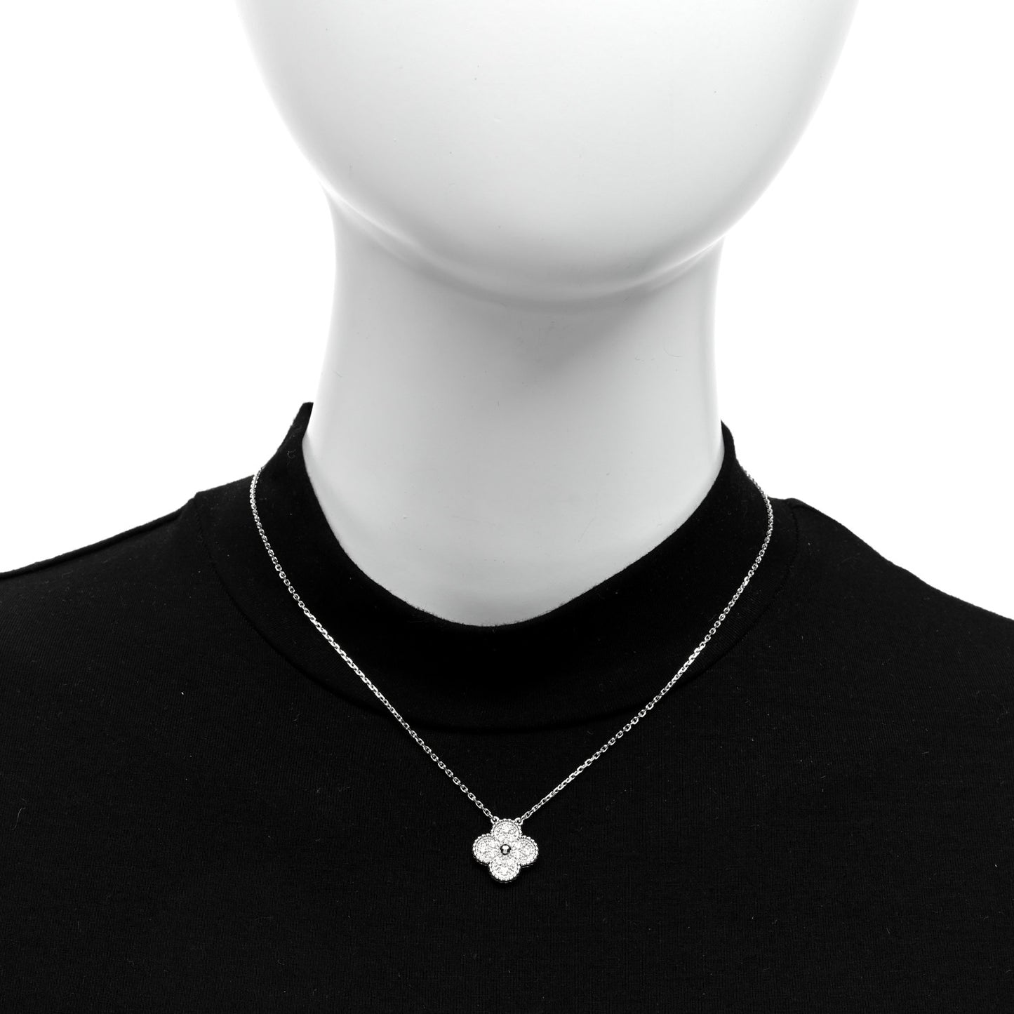 18K White Gold Diamond Vintage Alhambra Pendant Necklace