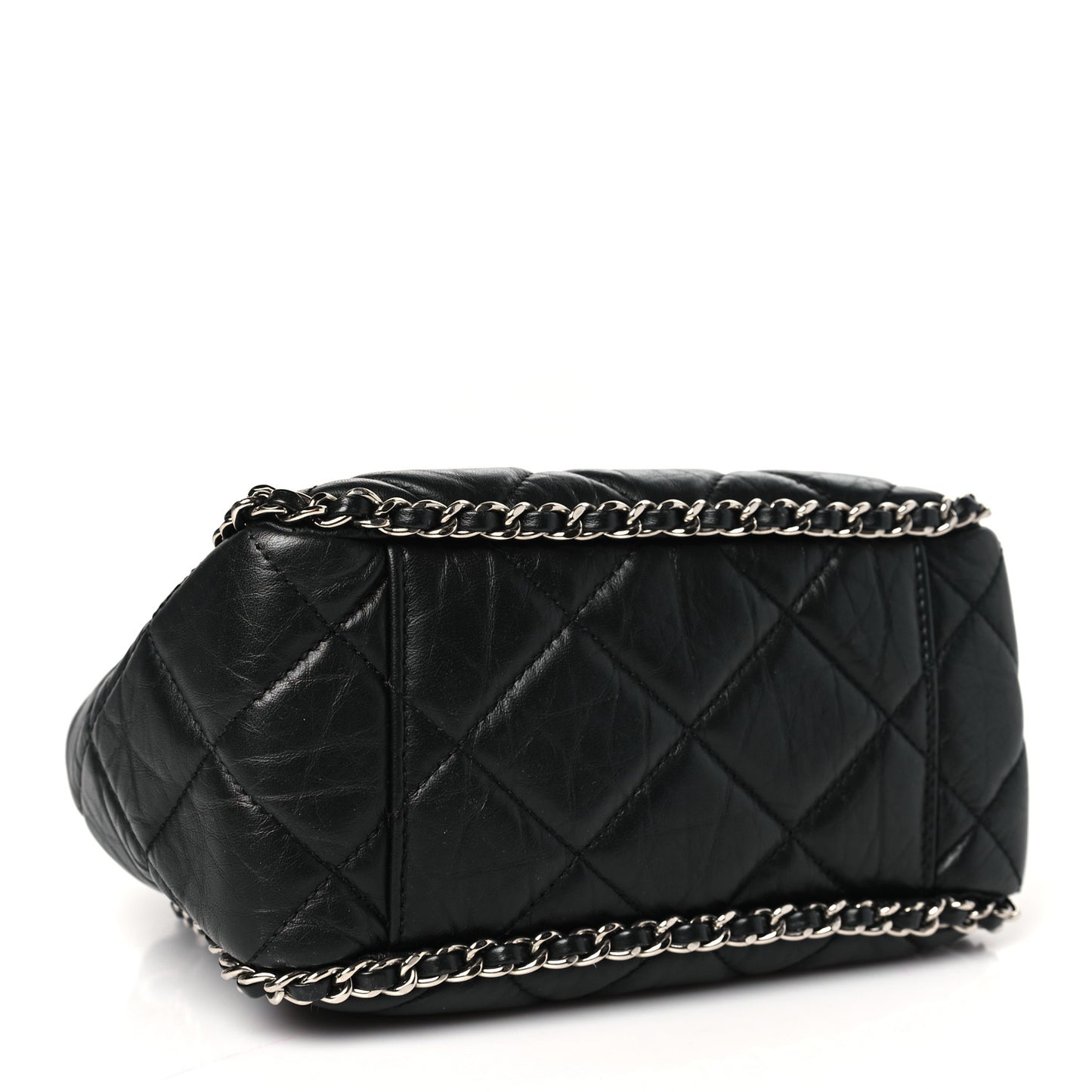 Crumpled Calfskin Quilted Chain All Over Drawstring Bucket Bag Black