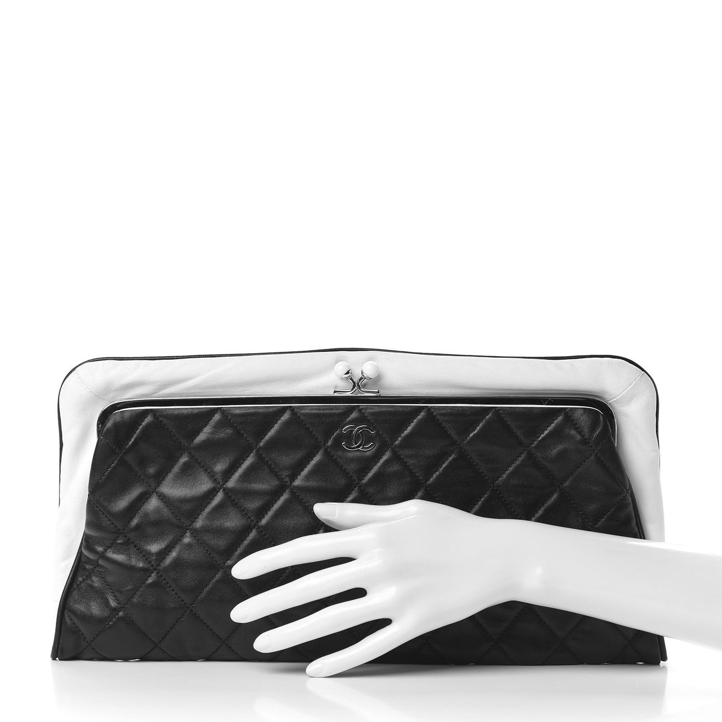 Lambskin Quilted Pearl Kiss Lock Clutch Black White